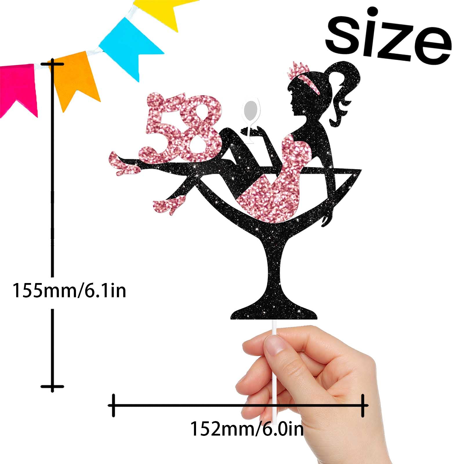 Sitting Girl Cake Topper Picks for Girl Lady 58th Birthday Makeup Spa Theme Party Decoration Supplies 58 Silhouette High Heeled Girl Cake Decor Rose Gold Glitter
