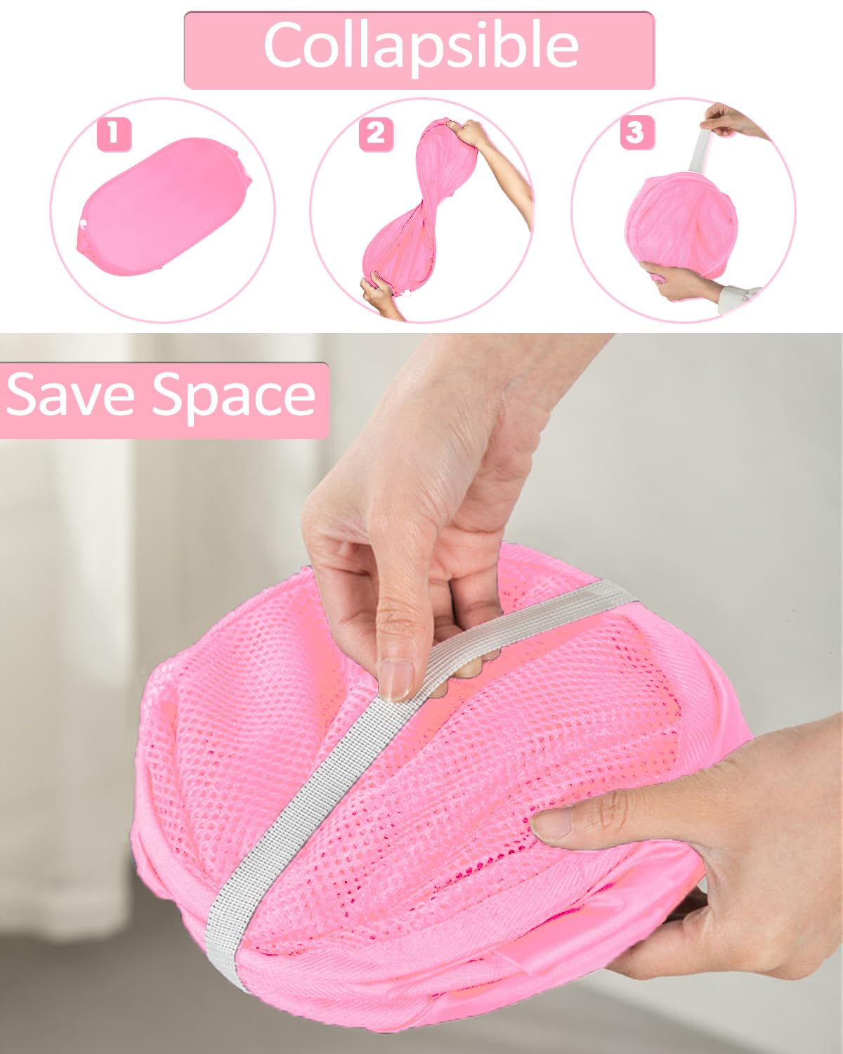 Durable Collapsible Laundry Baskets - Reinforced Mesh Pop Up Laundry Hamper With Side Pocket, Foldable Clothes Storage Hamper Wi