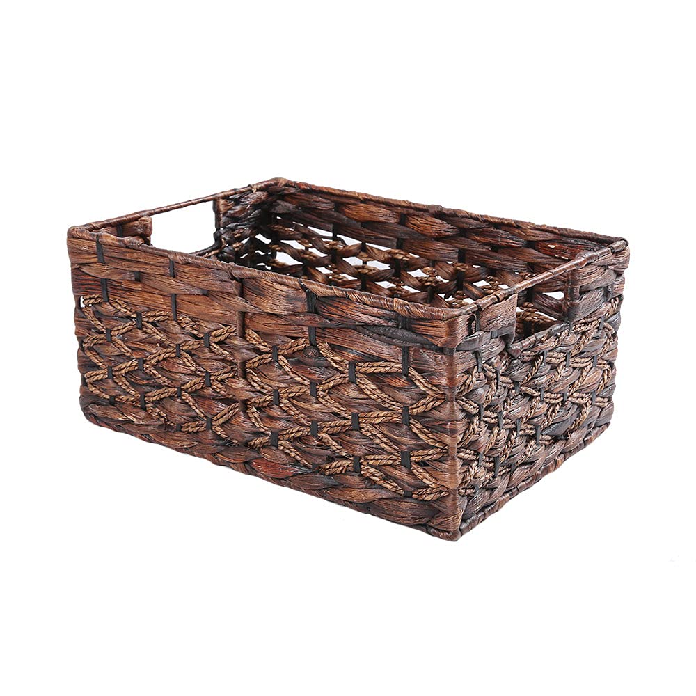 Rectangular Wicker Storage Basket, Dark Water Hyacinth Basket With Inside Handles Shelves Kitchen Office Desk (Large)
