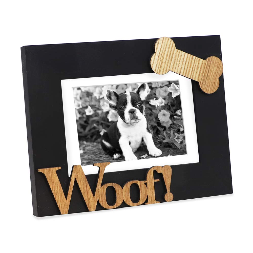 Isaac Jacobs Black Wood Sentiments Dog Woof!    Picture Frame, 5x7 inch with Mat, Photo Gift for Pet Dog, Puppy, Display on Tabl