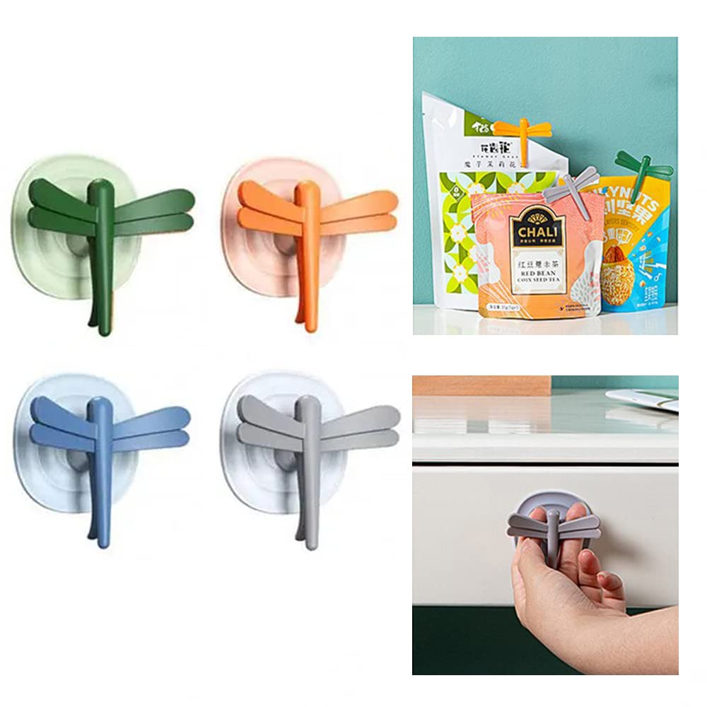 Spiderjuice 4Pc MultiFunctional Self Adhesive Dragonfly Hooks For Wall Without Drilling Plastic Bag Clip Sealer Bathroom Kitche