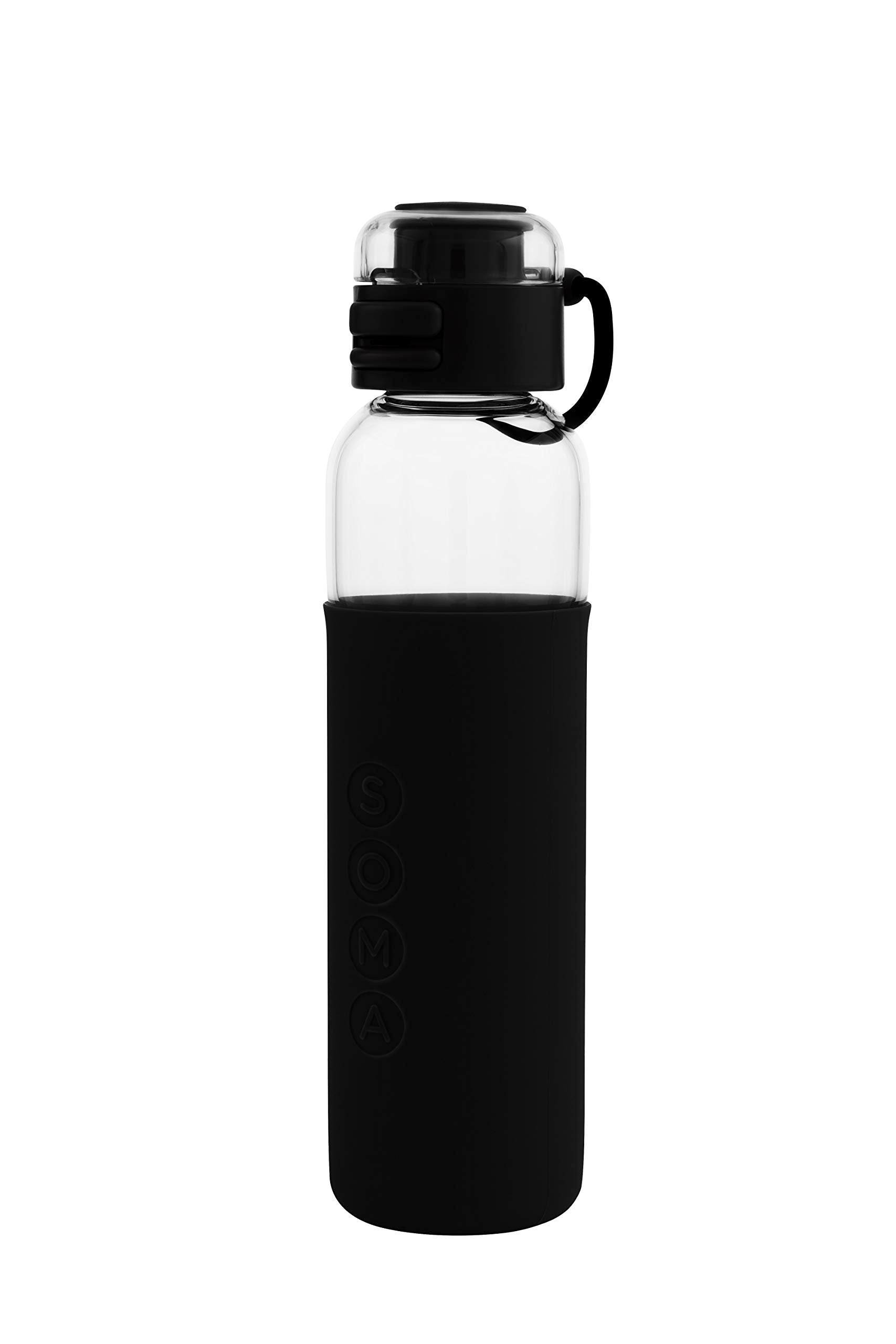 SOMA Glass Water Bottle with Silicone Sleeve, Sport Cap, 17ounce, Black