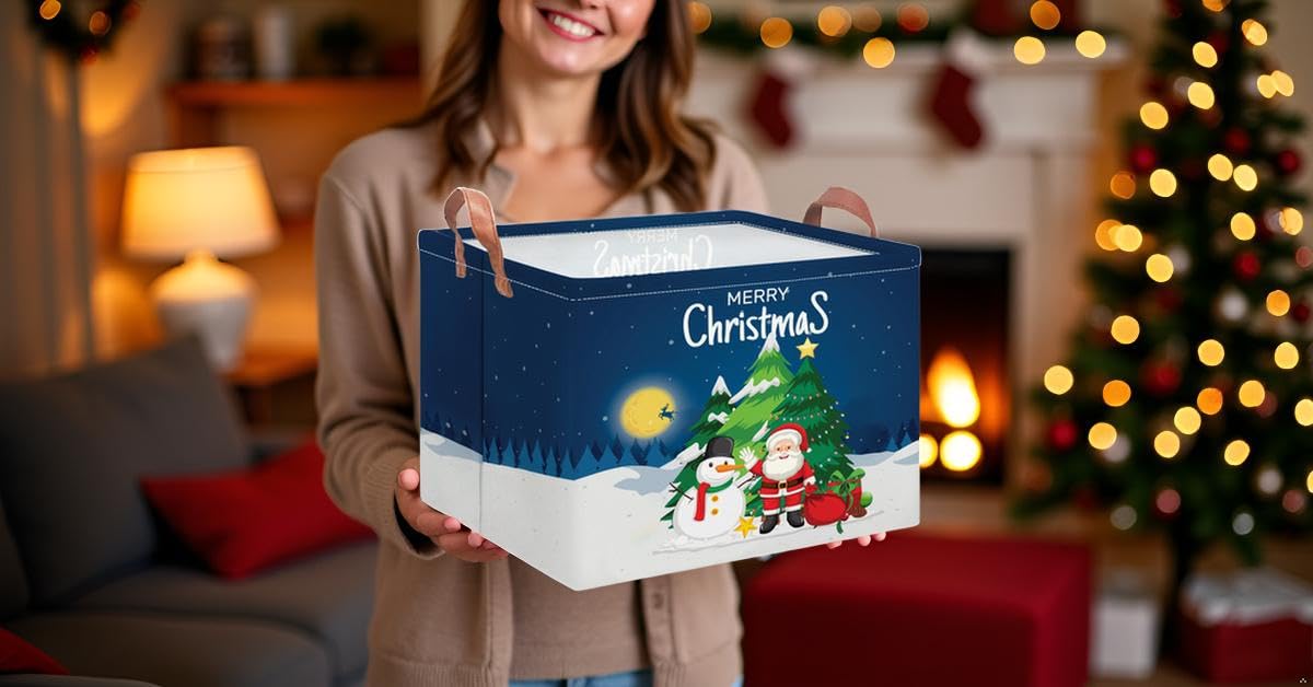 NTAOHAMPER Rectangular Storage Basket Empty,Storage Bin with Handles,Room Decor,Gift Basket,Book Box(Blue Christmas Basket)