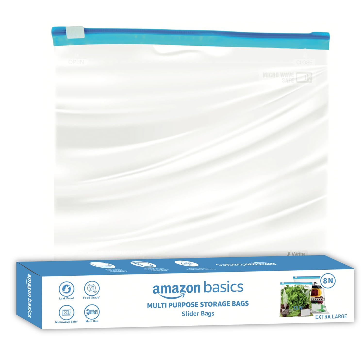 Amazon Basics - Multipurpose Slider Storage Bags | 8 Bags | Xl | 38 X 42 Cm | Reusable And Re-Closable | Material Plastic | Leak