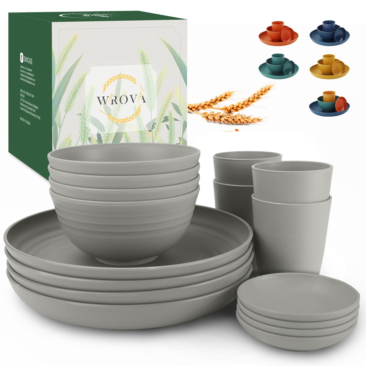 Wrova Wheat straw plates and bowls sets of 16 - Unbreakable wheat straw dinnerware sets for party - Alternative plastic dinnerwa