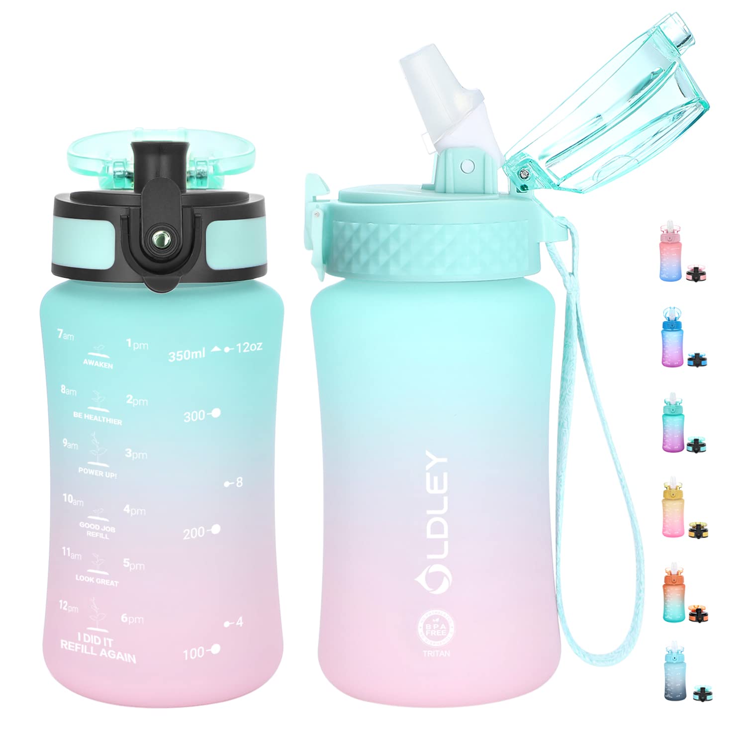 Oldley Kids Water Bottle For School, 12 Oz (2 Lids) Bpa-Free Reusable Leak-Proof Durable Tritan Plastic Water Bottles With Straw
