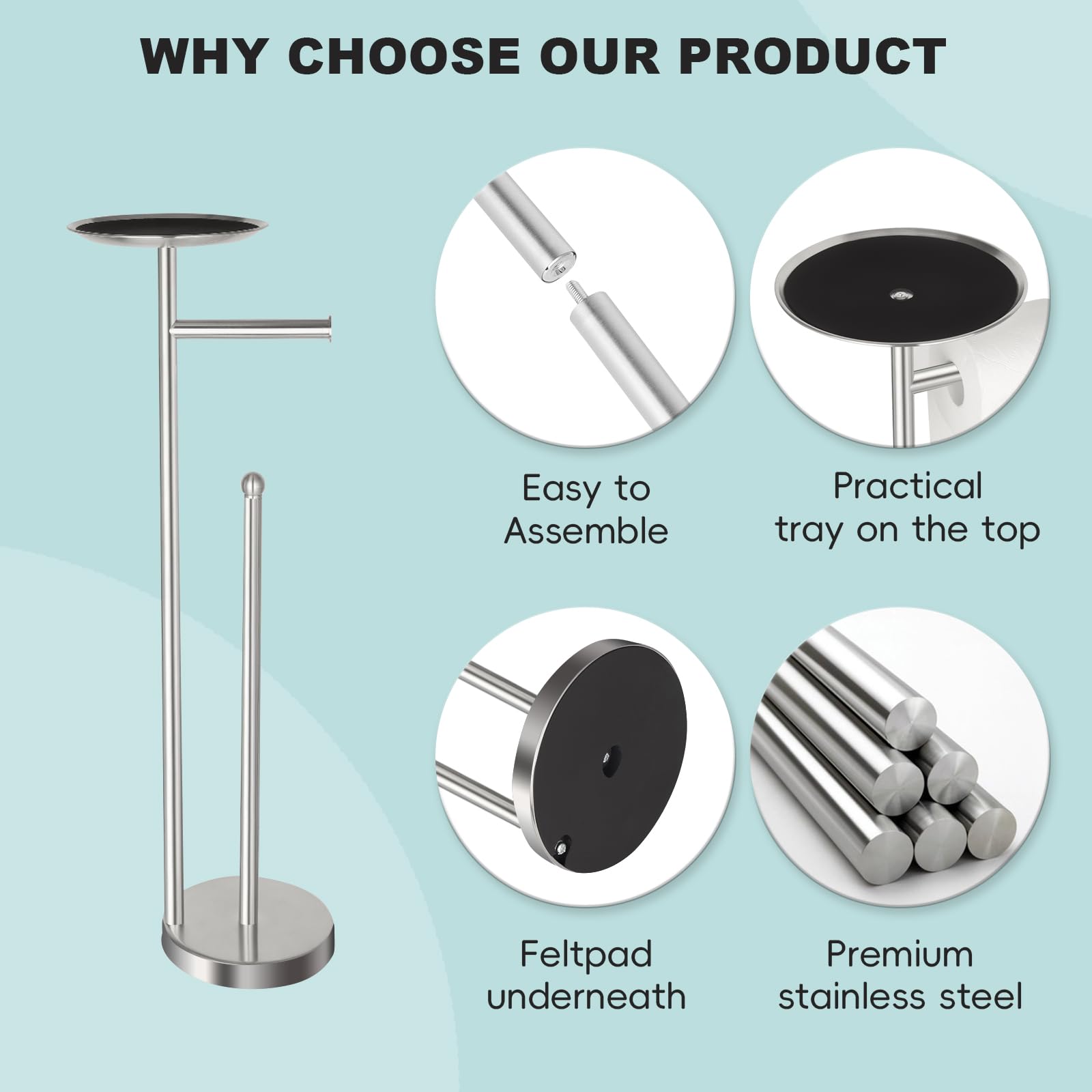 Sfemn Freestanding Toilet Paper Stand with Shelf, Brushed Nickel, Stainless Steel, Model TPH001