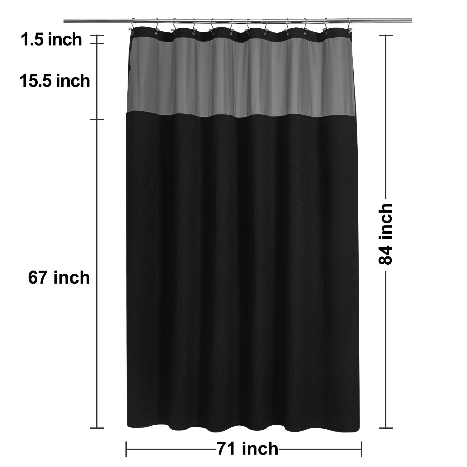 N&Y Home Extra Long Waffle Weave Shower Curtain With Snap-In Fabric Liner Set, 12 Black Hooks Included - 71'' X 84'', Hotel Styl