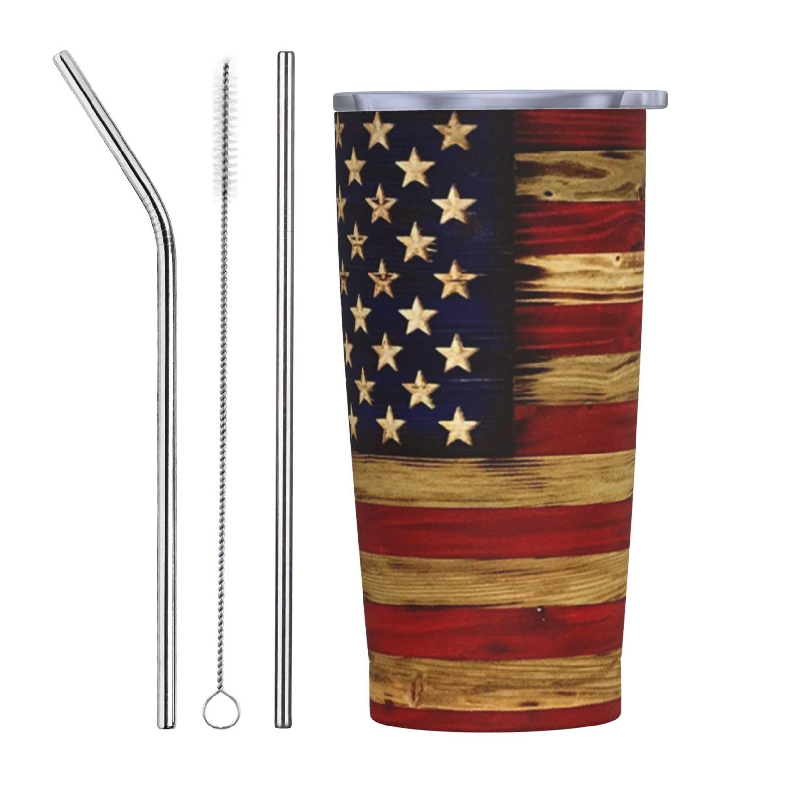Tianheyue America Flag Vintage Wood Insulated Coffee Mug Cup 20 Oz, Stainless Steel Tumbler With Lids And Straws For Home Office