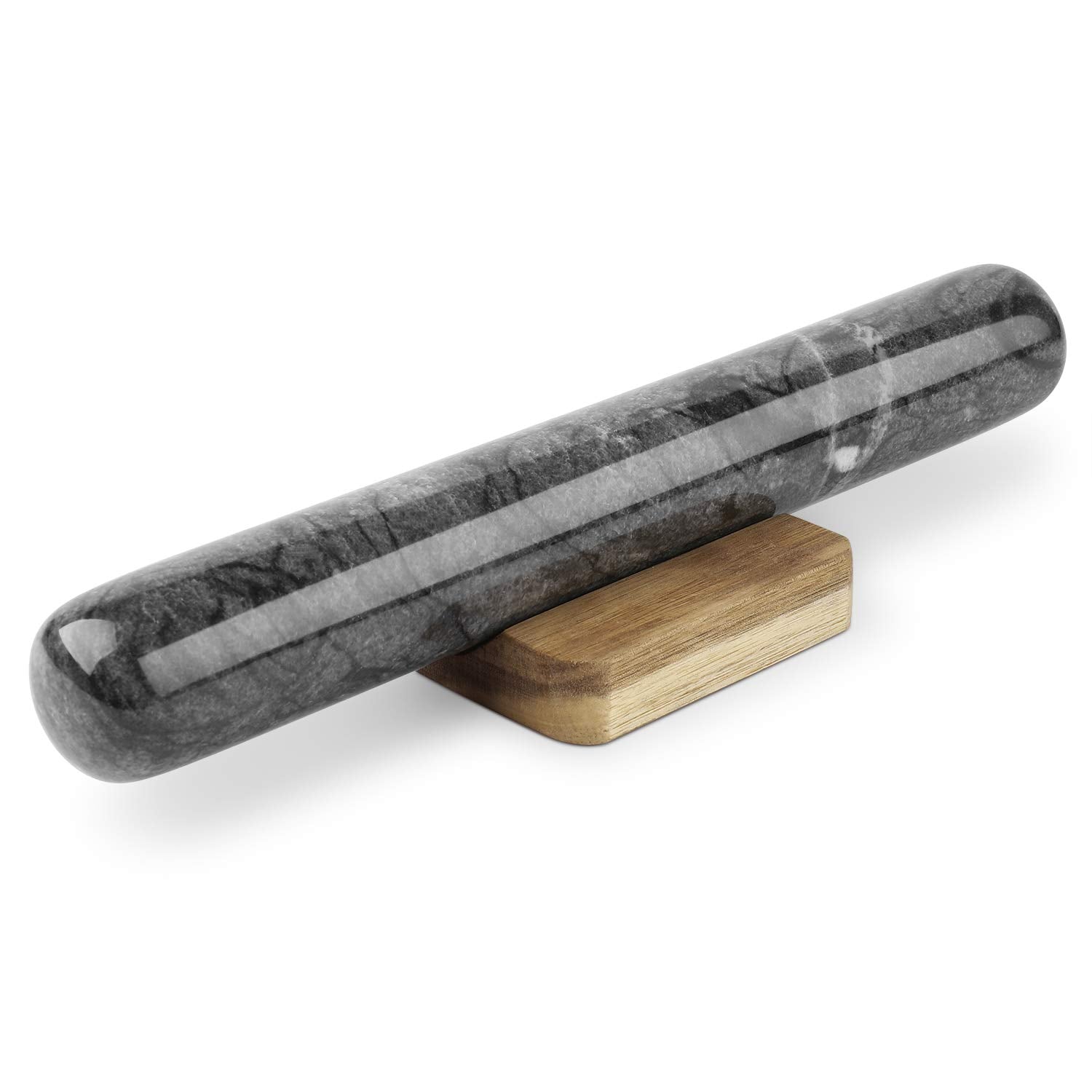 Flexzion French Rolling Pin, 12 Inch Black Marble Rolling Pins For Baking With Wooden Base Holder Stand - Non-Stick Baking Rolle