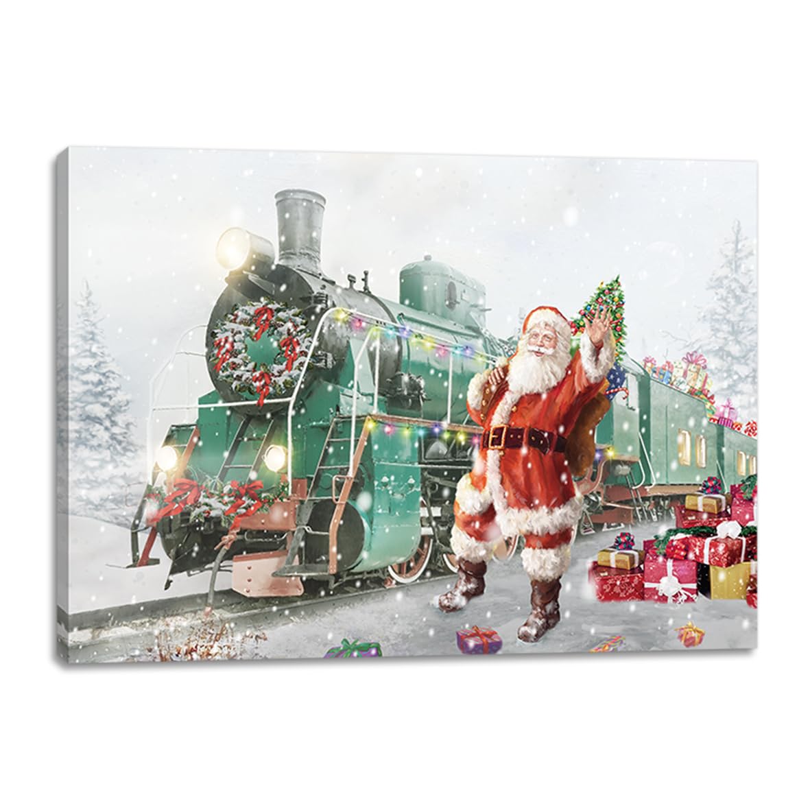 Alottagifts Santa Claus Train Lighted Canvas Wall Art Print 16'' X 12'' With Timer | Led Canvas Canvas Wall Art Print Design (Sa