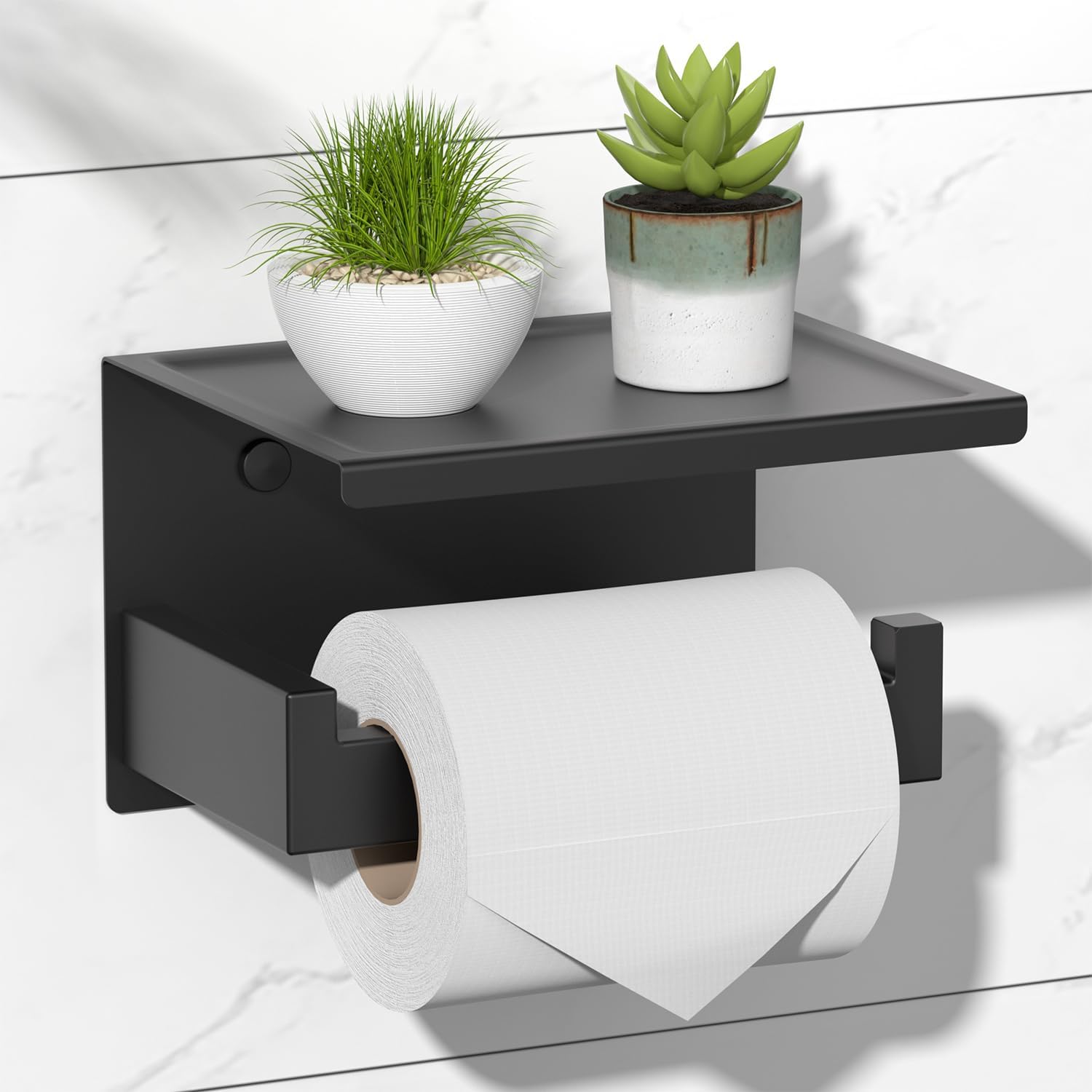 Hitslam Matte Black Toilet Paper Holder, Stick On Toilet Paper Roll Holder With Shelf, Self Adhesive Modern Toilet Paper Holder