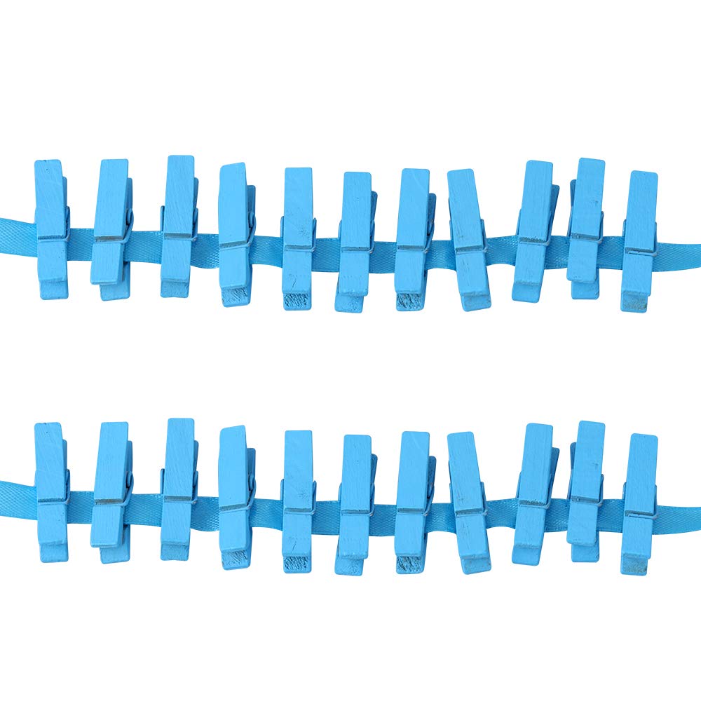 jijAcraft 100Pcs Blue Clothespins with Blue Ribbon  1.4 inch Heavy-Duty Wooden Clothes Pins with 25 Yards Saint Ribbon  Mini Photo Clips for Hanging Clip Photos  Clothes  Crafts  Arts