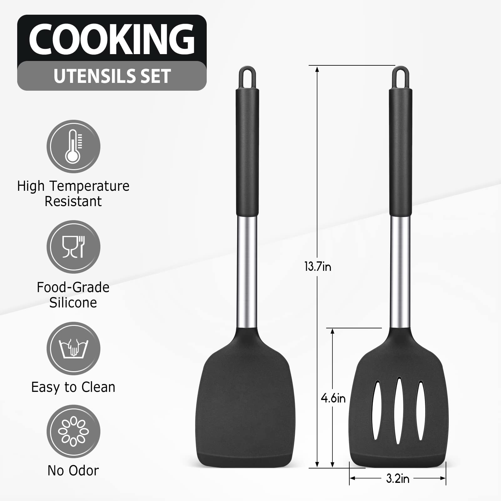 2 Pack Silicone Spatulas Turners, Stainless Steel Cooking Utensils Bpa Free,Heat Resistant,Non Stick,Rubber Spatulas For Fish, E