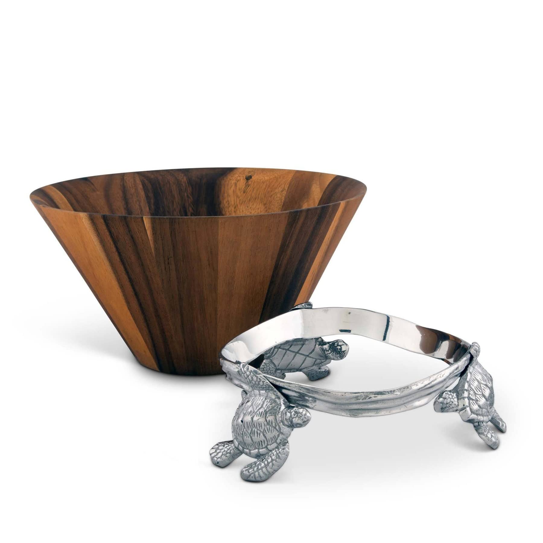 Arthur Court Acacia Wood Salad Serving Bowl With Swimming Sea Turtle Metal Cast Aluminum Stand - Ocean/Coastal Table 2 Pieces