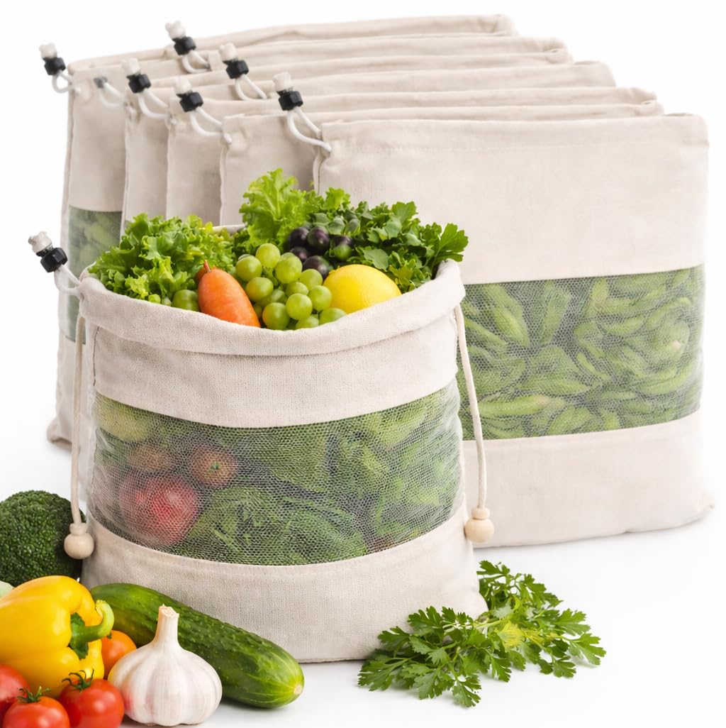 Pack Of 8 Vegetable Mesh Storage Bags For Refrigerator | Reusable Cotton Produce Bags With Drawstring | EcoFriendly Fridge Orga