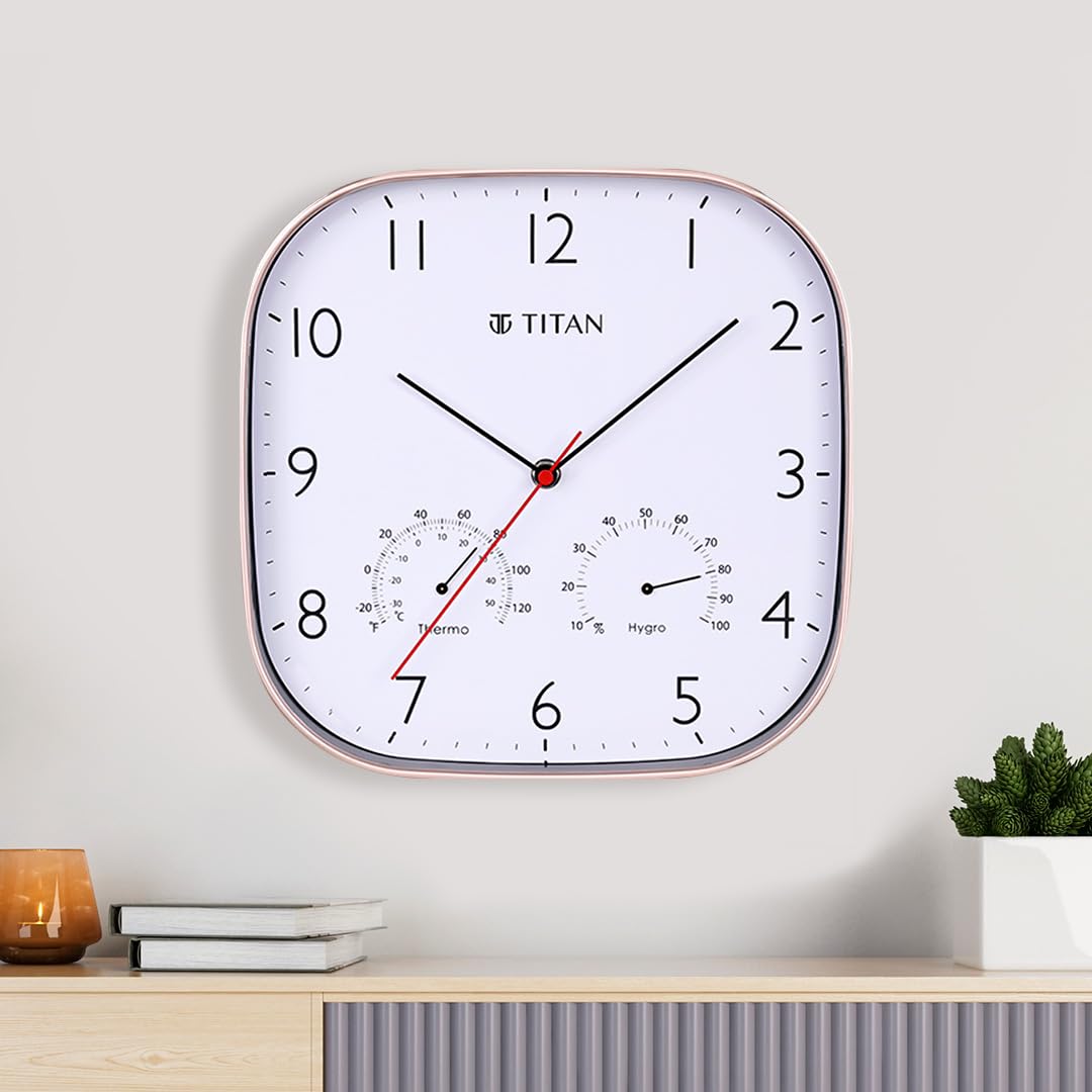Titan Wall Clock With Thermometer & Hygrometer, Silent Sweep Movement, 28 X 28 Cm Squircle, White Dial, Arabic Numerals, Matte R