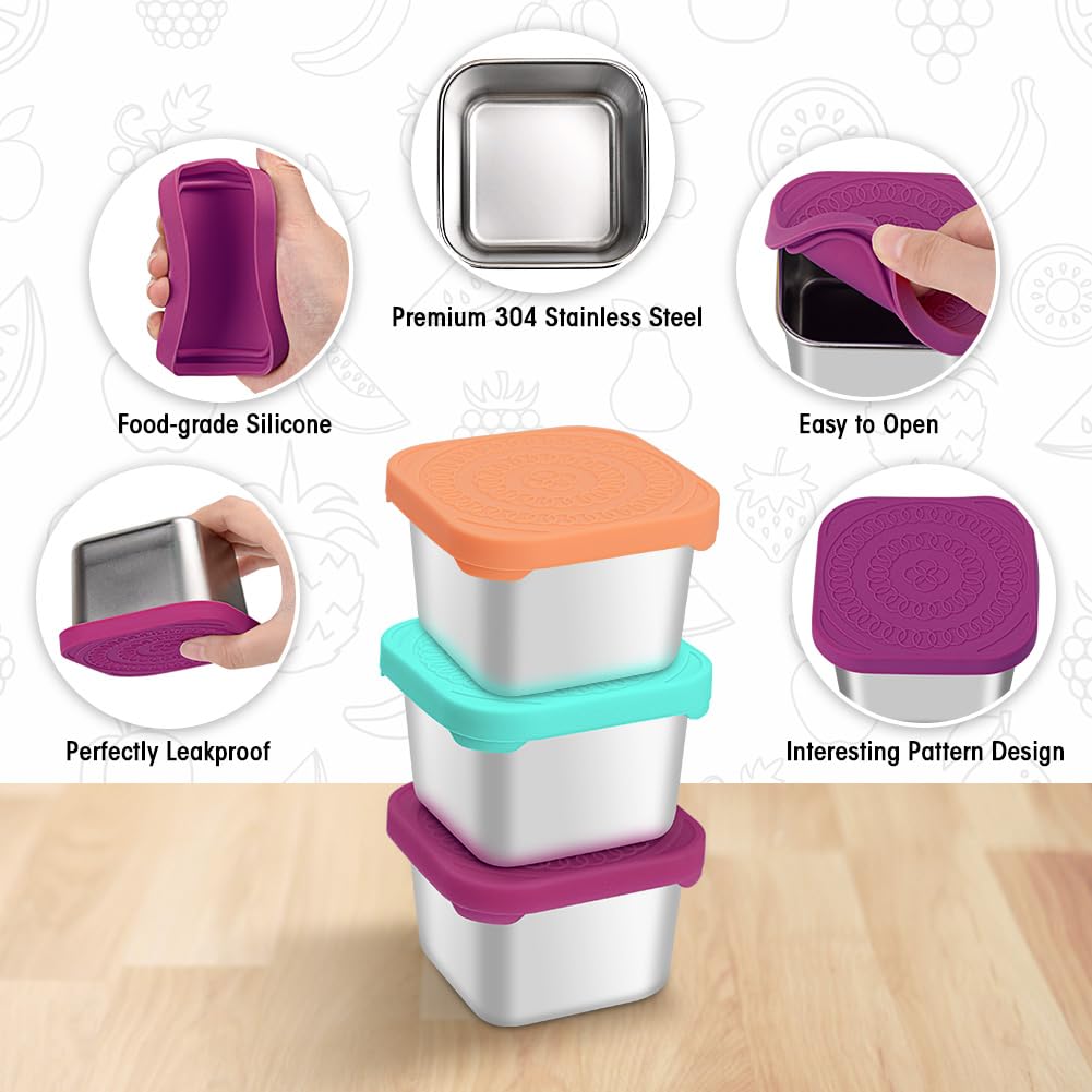 3Pack 6Oz Stainless Steel Snack Containers, Small Metal Food Storage Container With Silicone Lids, Leakproof Bento Snack Contain