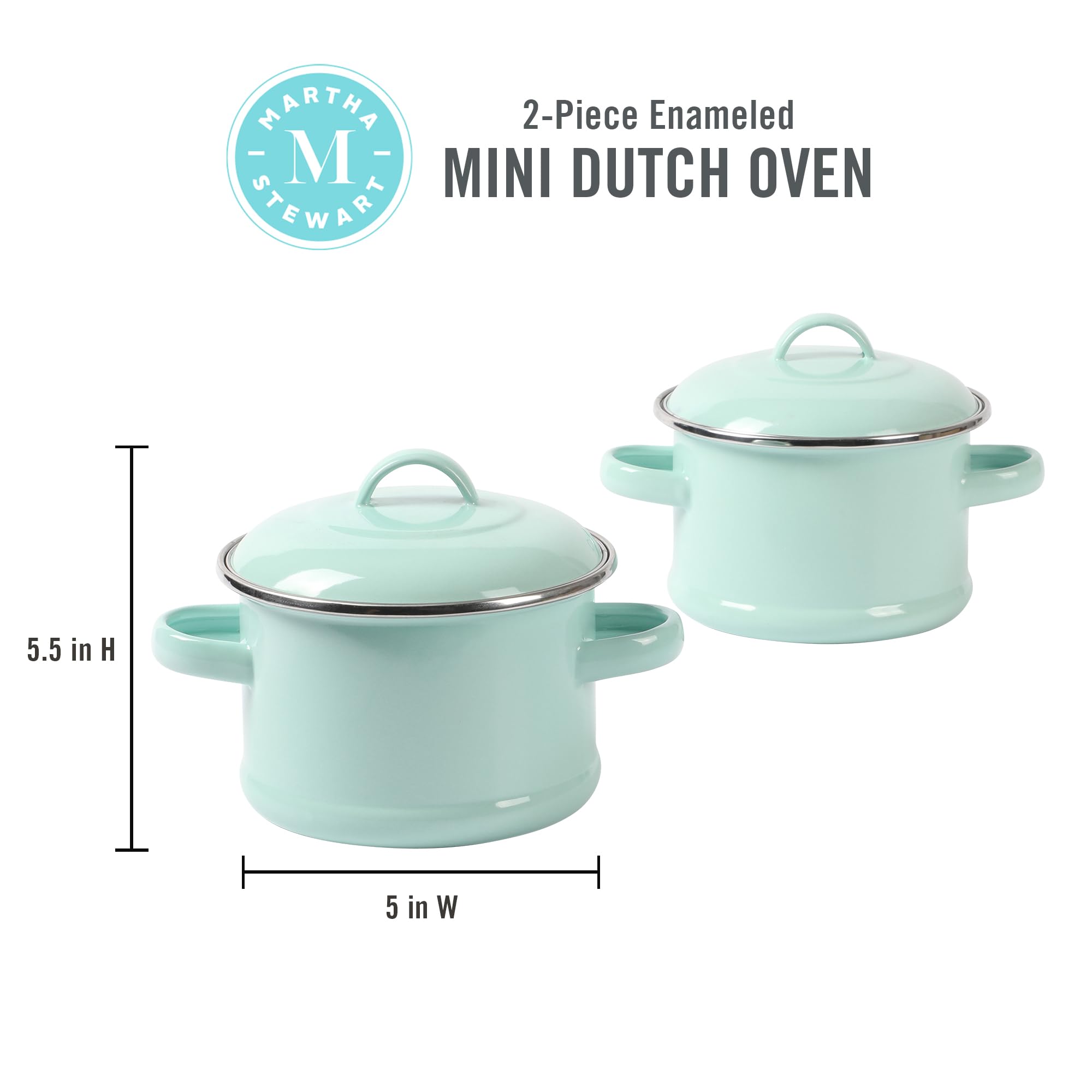 Martha Stewart Thayer 2-Pack 5.5'' Enamel On Steel Mini Scratch Resistant Dutch Oven W/Lid - Martha Blue