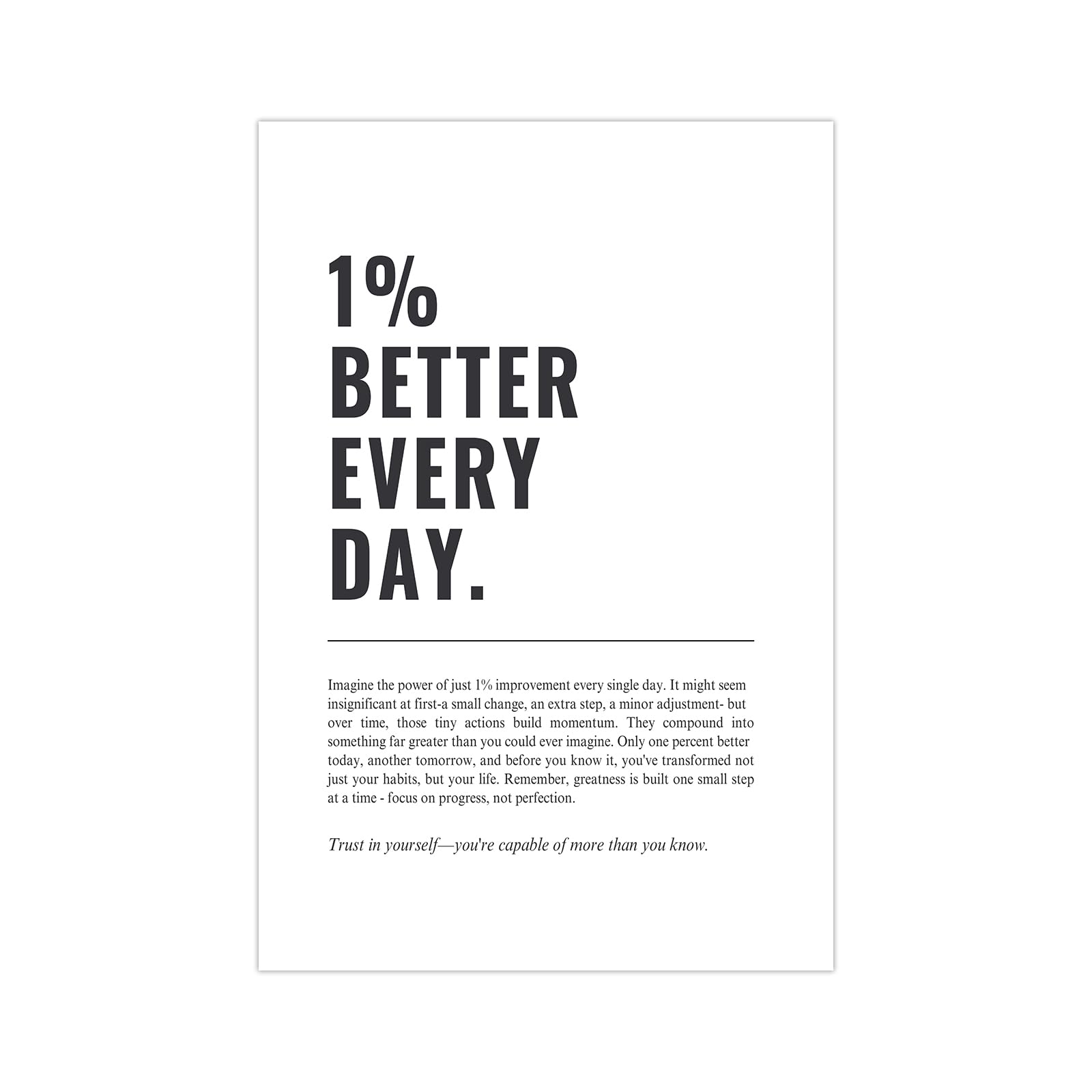 1% Better Every Day Motivational Wall Art Growth Mindset Self Improvement Quote Poster Minimalist Inspirational Wall Decor For O