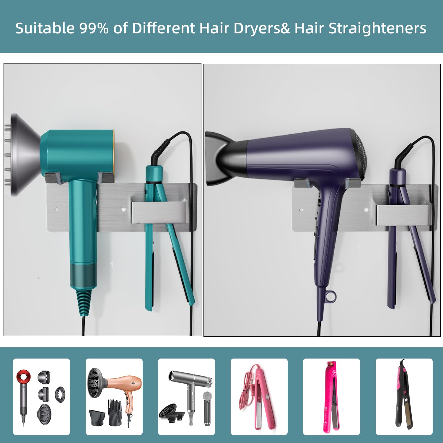 Hair Dryer Holder Wall Mounted, Stainless Steel Blow Dryer Holder For Bathroom, Hair Dryer And Straightener Holder Adhesive Or D