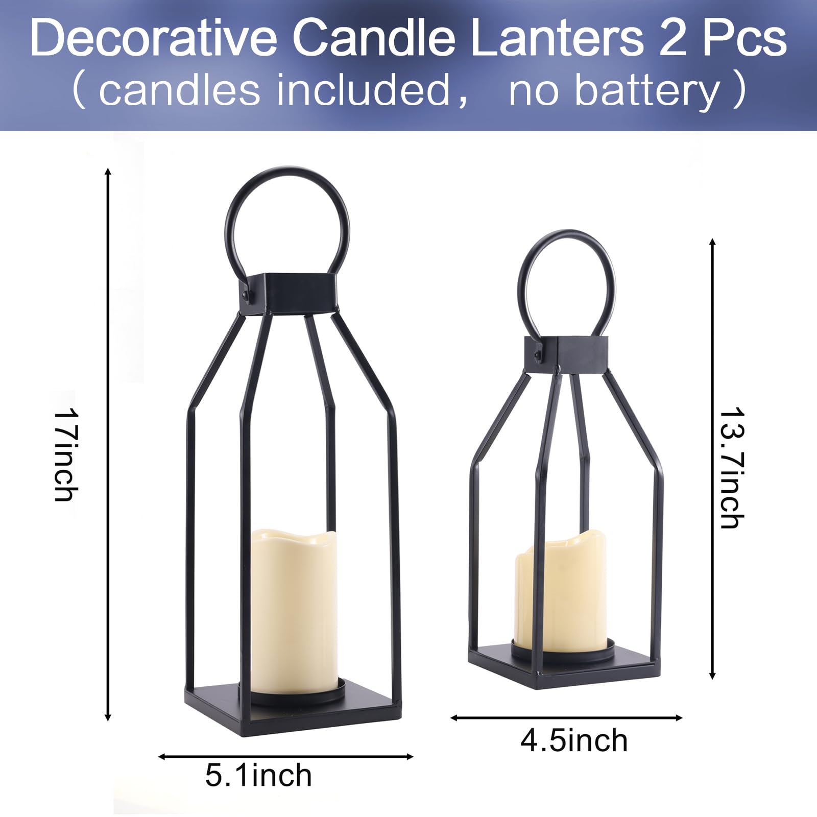 PHOSPHOR Modern Farmhouse Decor Lanterrn Set of 2 Black Metal Candle Holder for Indoor Outdoor Lanterns with Candles for Living