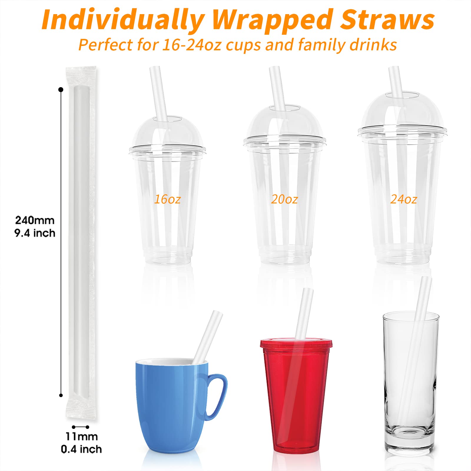 MYJIE 100 Pcs Clear Boba Straws Smoothie Straws Individually Wrapped Disposable Plastic Jumbo Large Wide-mouthed Milkshake Drinking Straws(0.43'' Diameter and 9.45'' long)