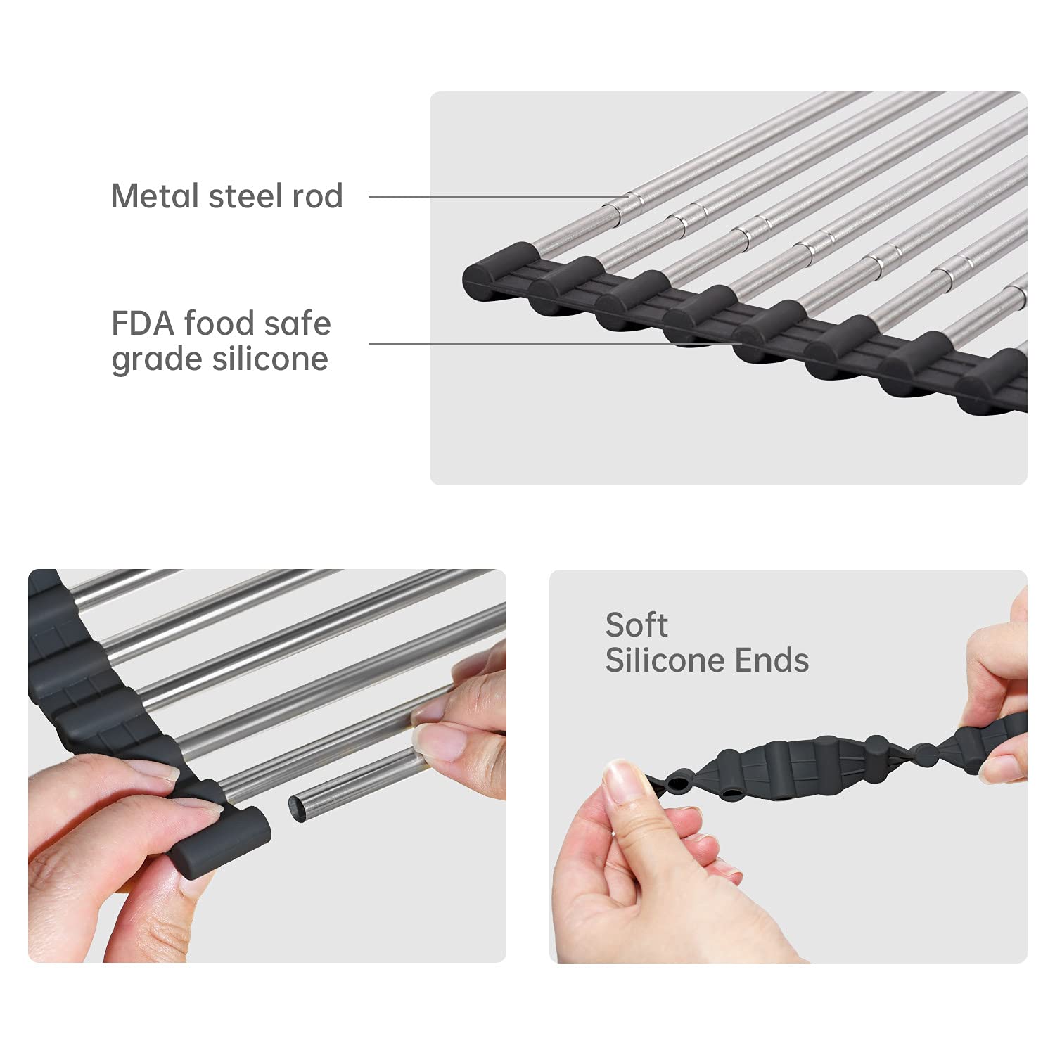 Arainy Large Telescopic Drain Rack Roll Up Dishes Drying Rack Expandable Kitchen Sink Rack Over The Sink Dish Drying Rack Sus304