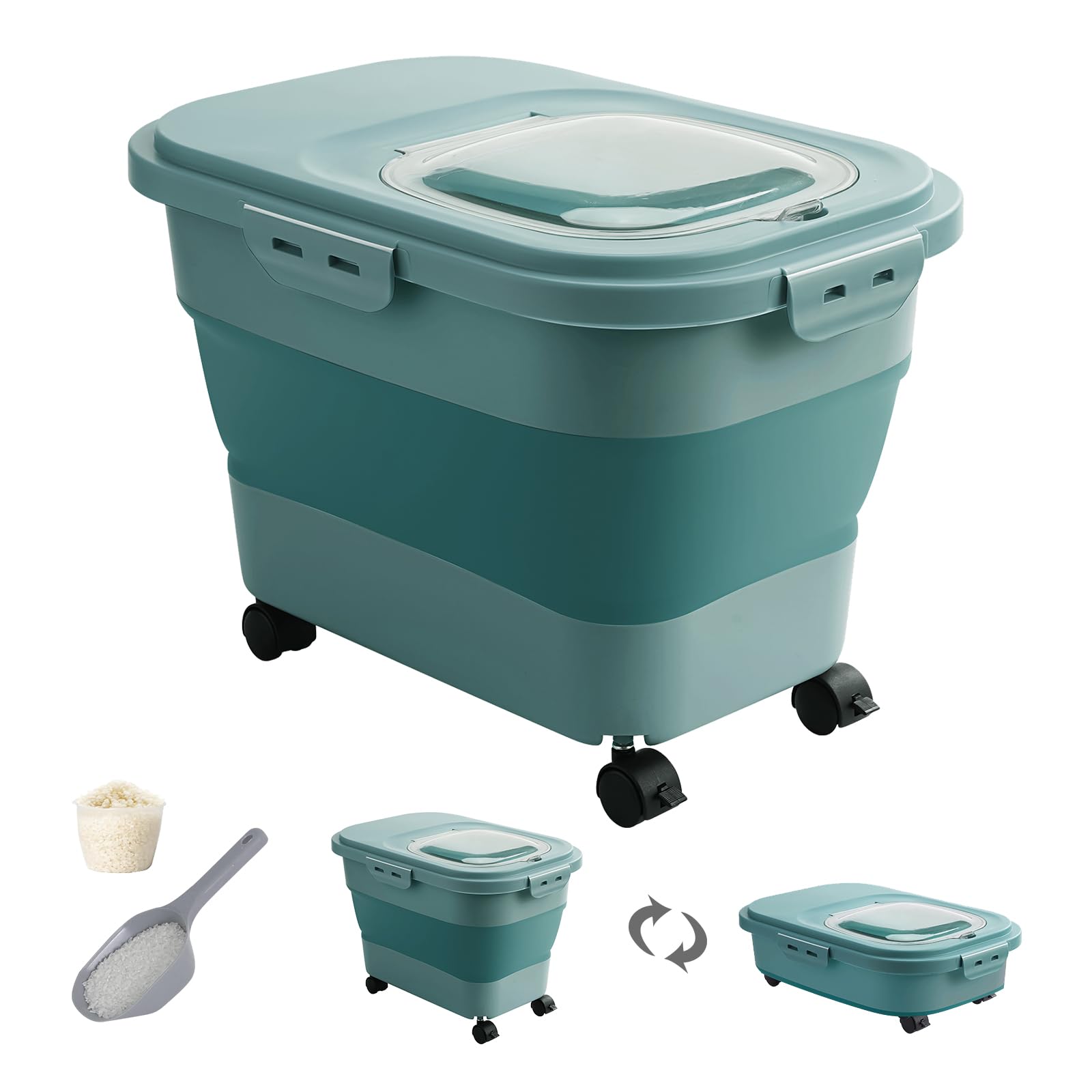 DDMOMMY 20-30 Lbs Rice Storage Container,Collapsible Food Storage Containers with Rolling Wheel Airtight Locking Lid,Flour Stora