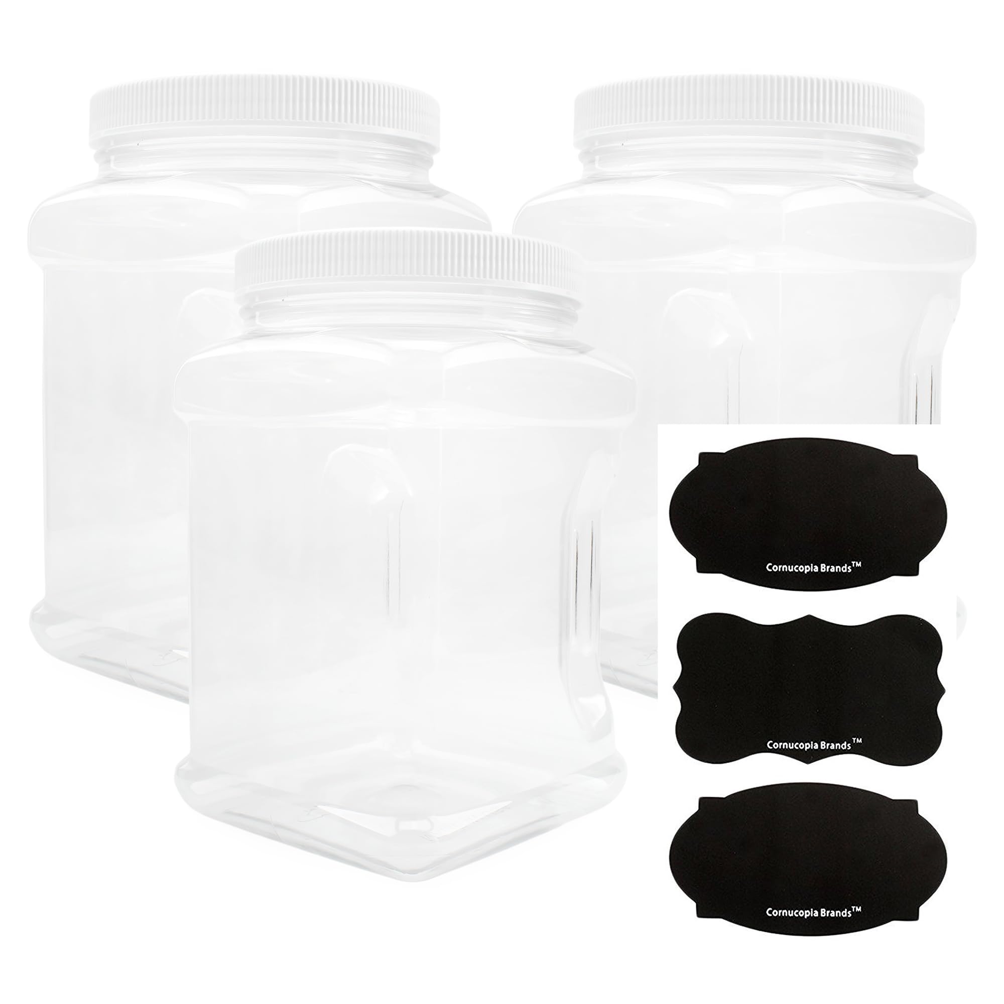 Cornucopia Brands 3-Pack Square 64 Oz 1/2 Gallon Plastic Canisters; 8-Cup Capacity Clear Jars W/White Plastic Lids & Chalk Label