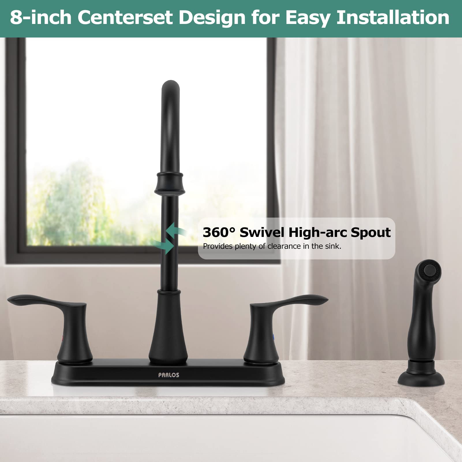 PARLOS 8 Inch Two Handles High Arch Kitchen Sink Faucet with Side Sprayer & Supply Lines  Brushed Nickel  Demeter 14138