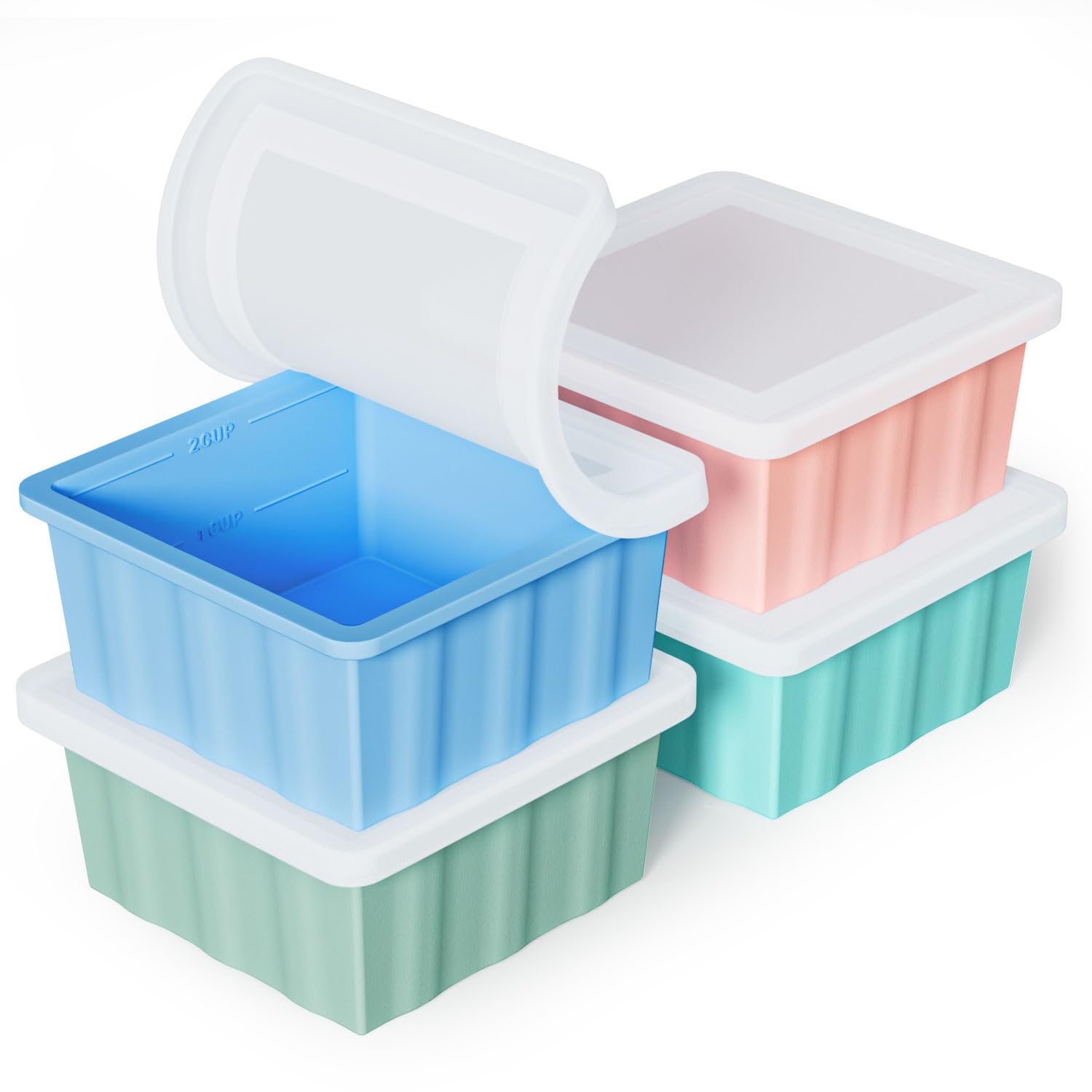 Silicone Freezer Tray for Soup Ice Cubes: 2-Cup Freezing Trays with Lid for Meal Prep - 4Pack Silicon Soup Portion Freeze Tray M