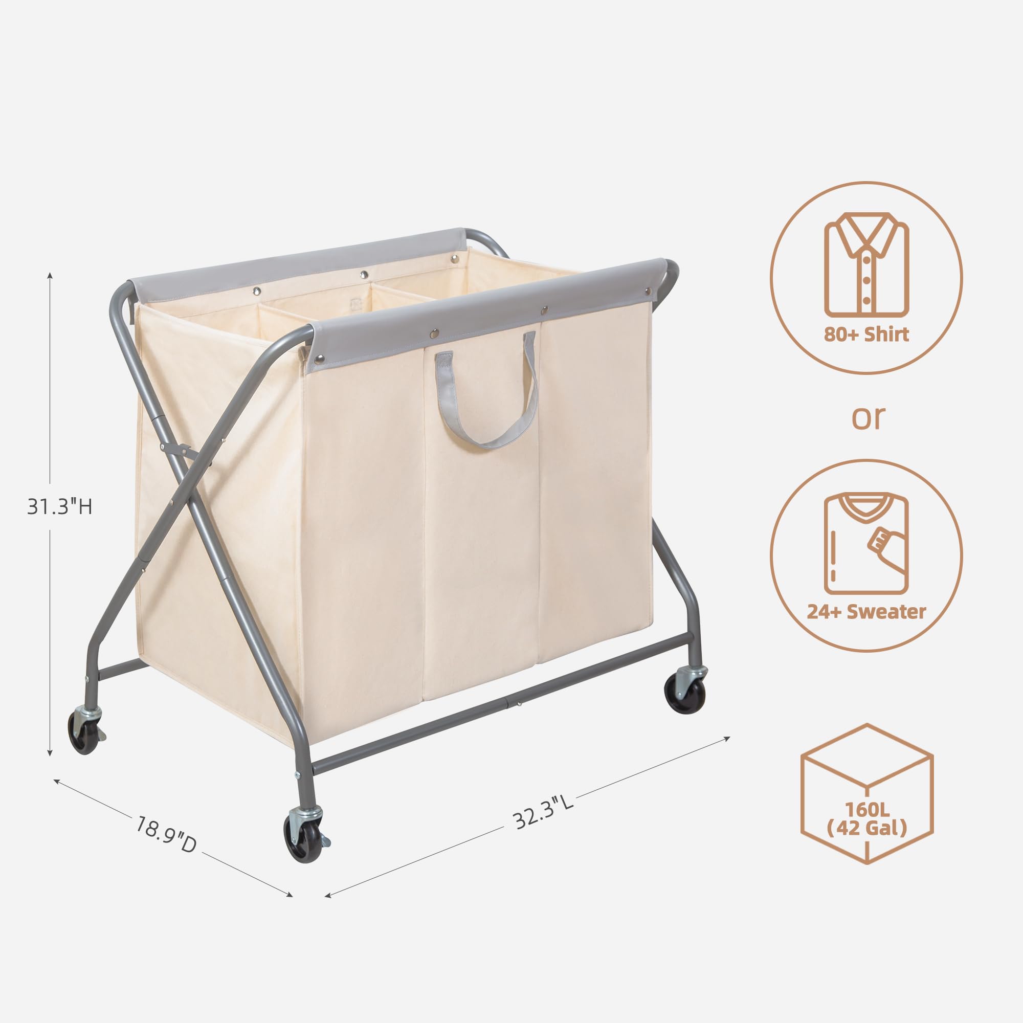 Storage Maniac 160L Collapsible Laundry Hamper With Wheels, Rolling Laundry Basket, Heavy Duty Laundry Sorter With Removable Bag