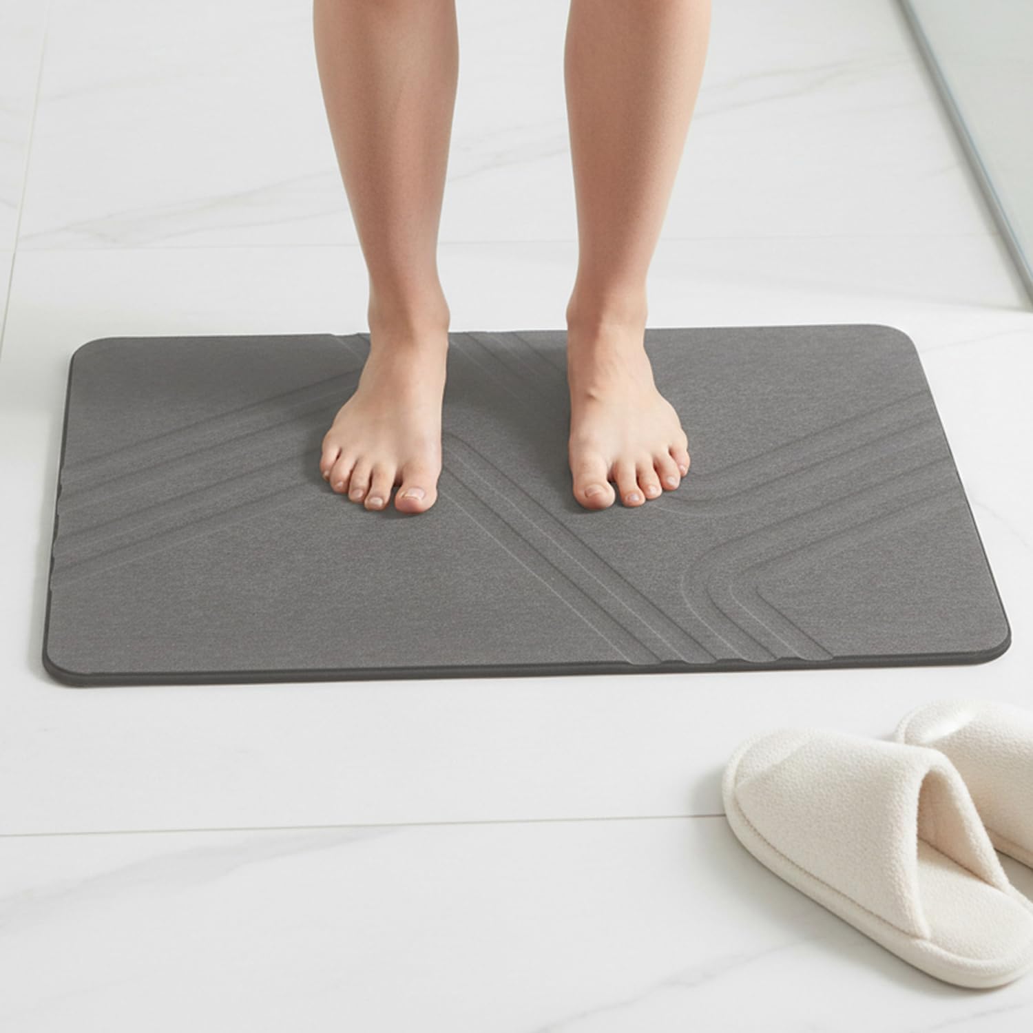 Amazon Basics - Diatomite Stone Bath Mat | 60 L  39 W  0.9 H Cm | Engraved Lines Design | Grey | Fast Drying, Super Absorbent | 