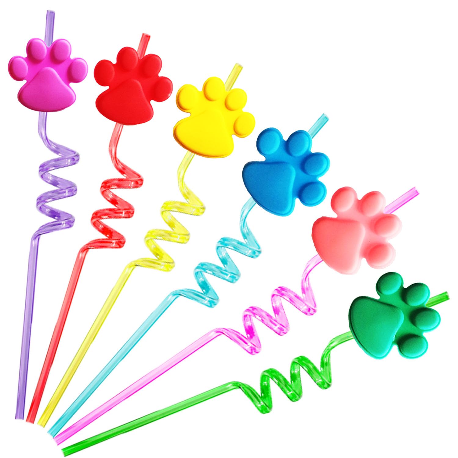 Paw Straws Birthday Party Decorations Supplies, 24Pcs Paw Print Patrol Reusable Plastic Fun Cute Crazy Silly Drinking Straws+2Pc