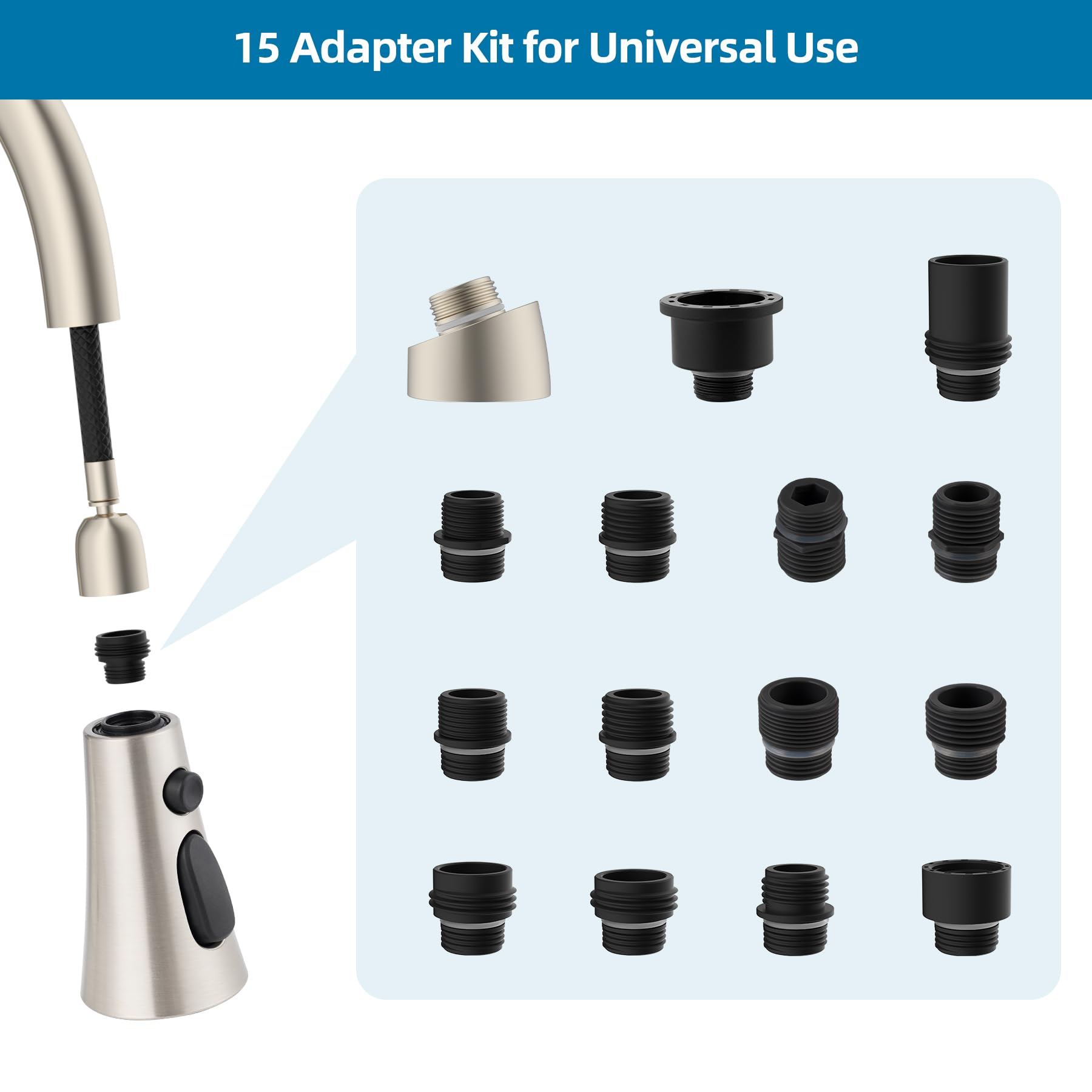 Universal Kitchen Faucet Head Replacement With 15 Adapter Kit Compatible With Kohler/Moen/Delta Faucet, 3 Function Pull Down Sin