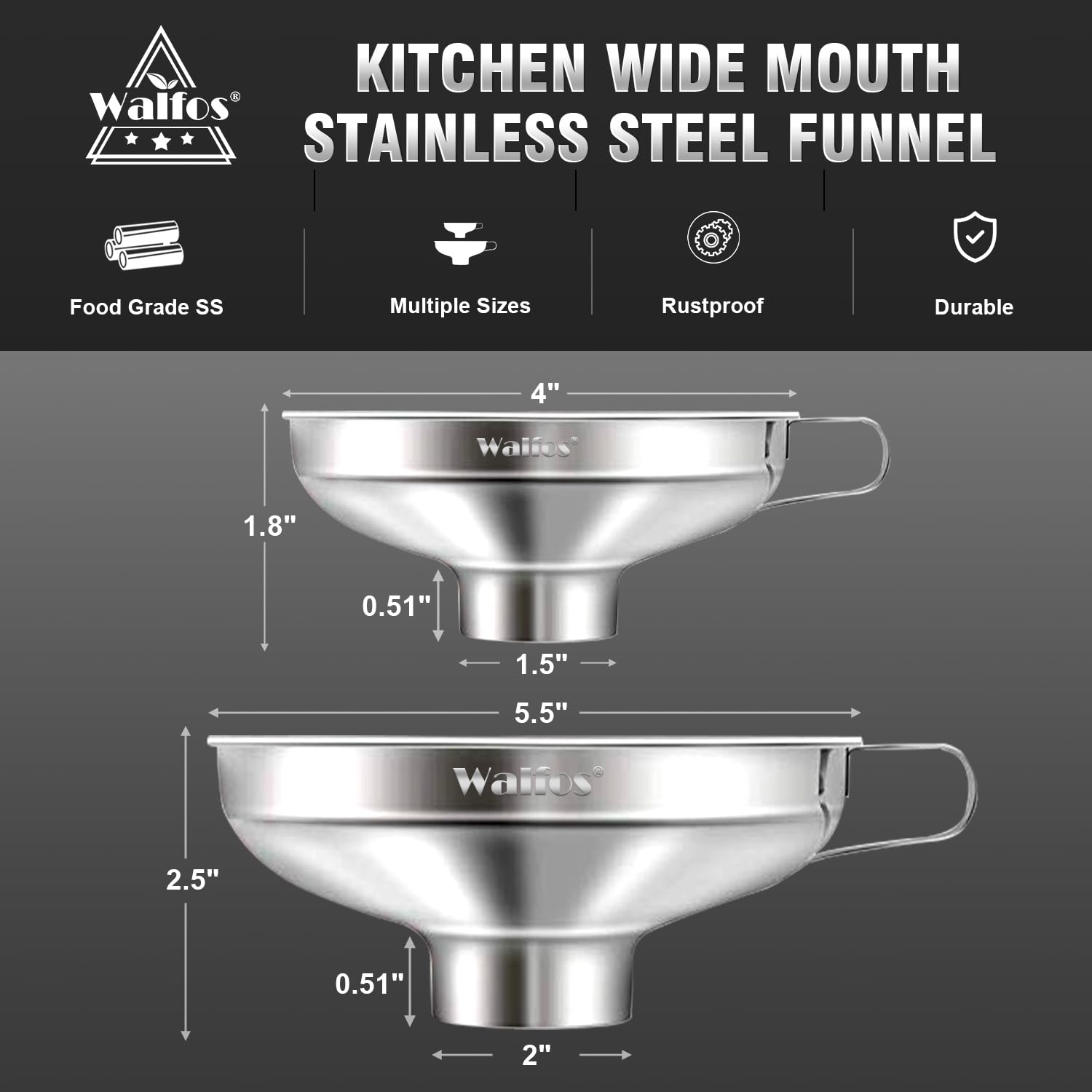 Walfos 2 Pack (4In & 5.5In) Stainless Steel Wide-Mouth Funnel With Handle For Wide And Regular Mason Jars Canning Jars, Wide-Mou
