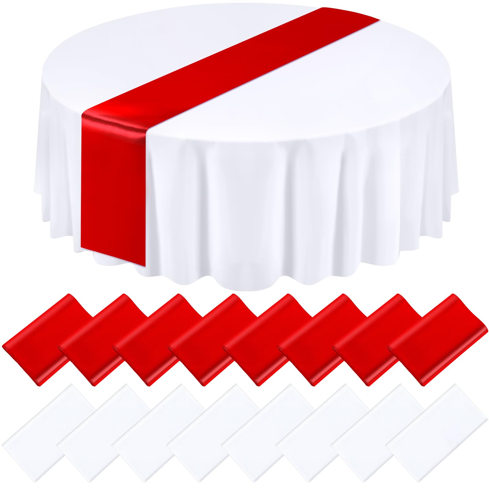 Tudomro 16 Pcs White and Red Round Plastic Tablecloth and Satin Table Runner Set 84 Inch Round Covers 12 x 108 Inch Table Runner