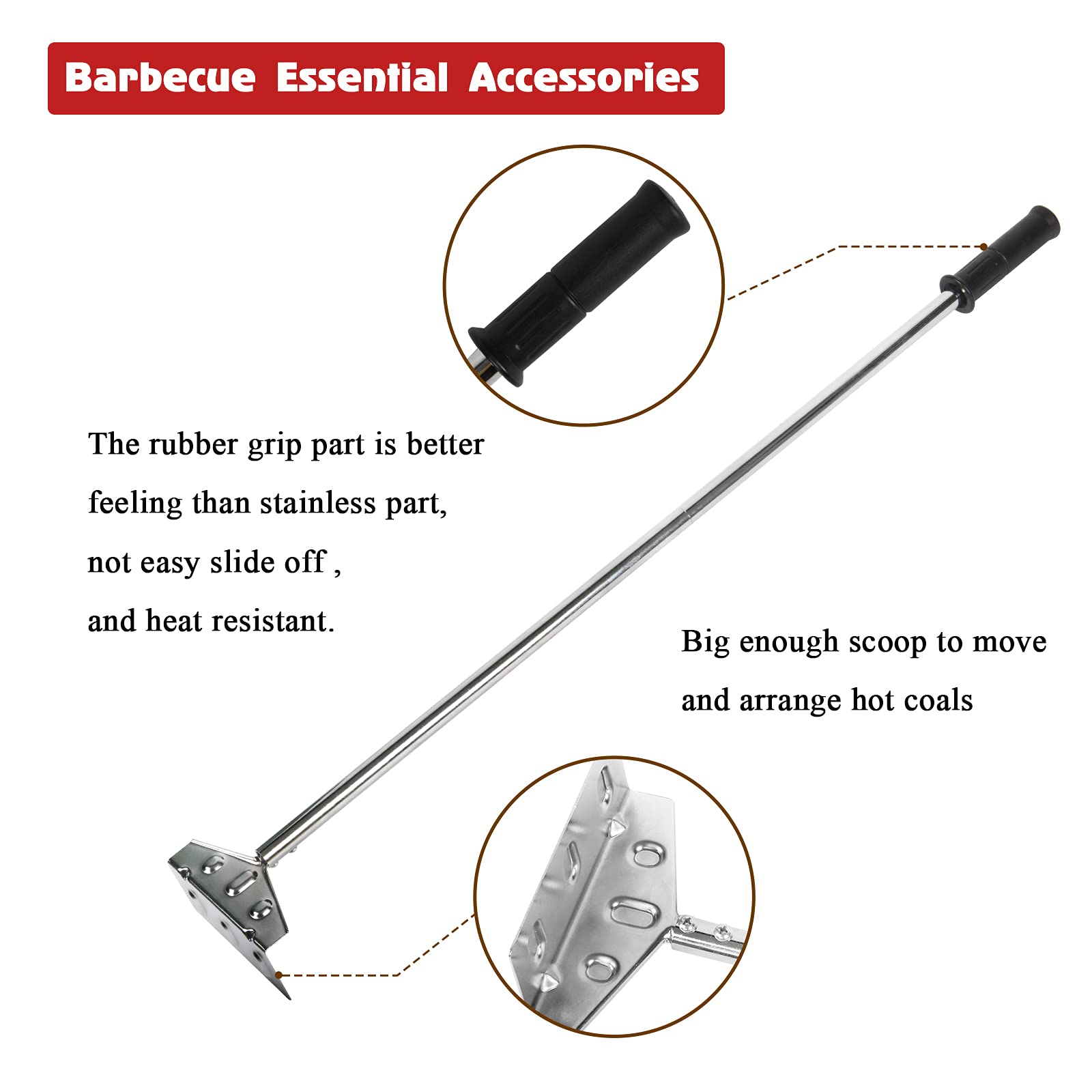 Mydracas Heavy Duty Charcoal Grill Rake Grill Ash Tool Accessories with Rubber Handle  Charcoal Kettle Grill Pizza Oven Ash Rake -32 inch