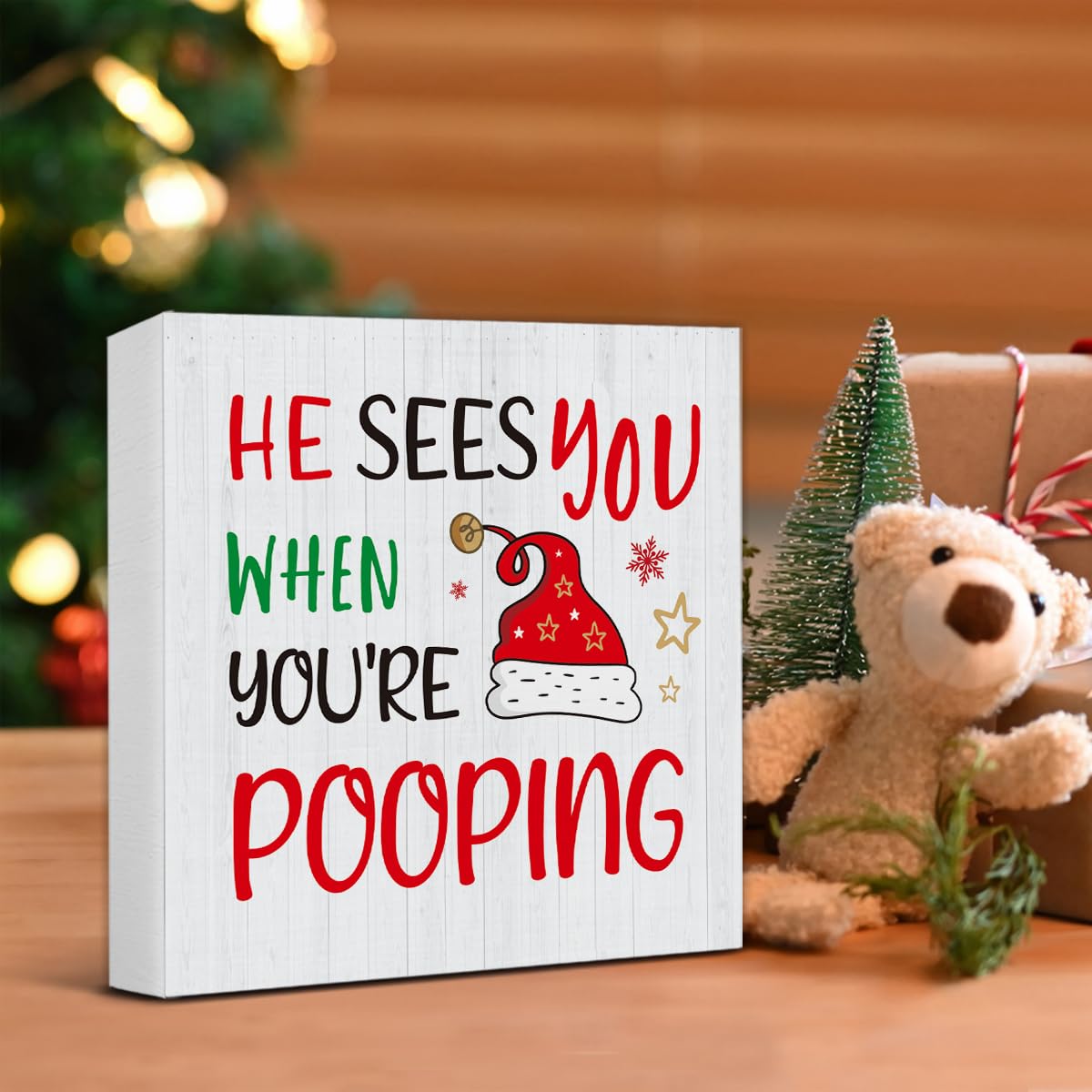 Christmas Bathroom Decorations - Funny Christmas Decor, He Sees You When You're Pooping Bathroom Wooden Sign, Home Decor for Des