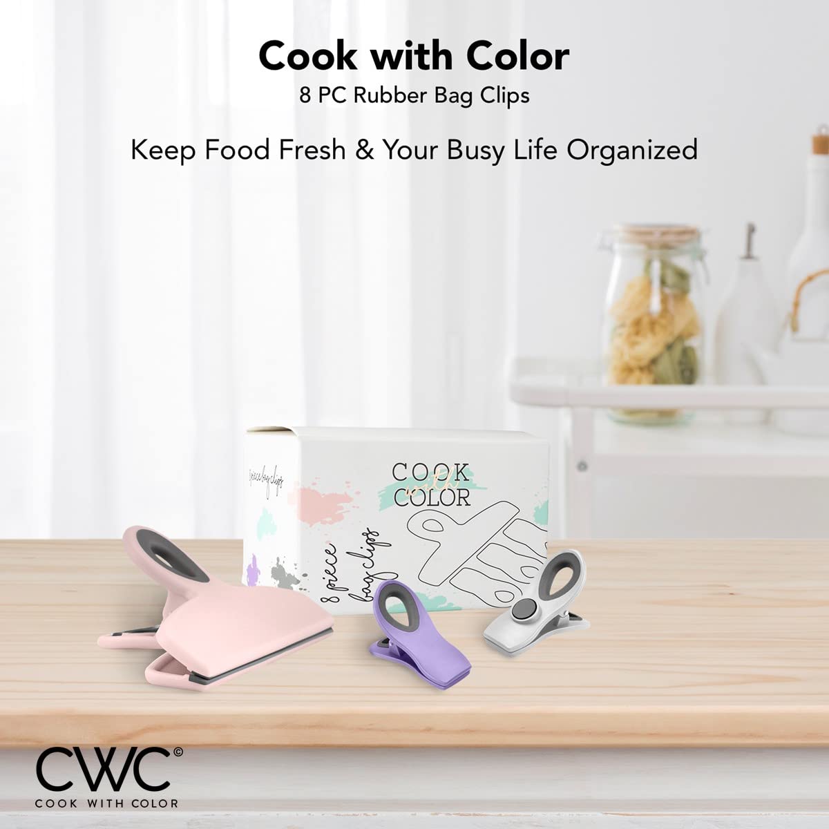 Cook With Color Set Of 8 Bag Clips- 2 Large Heavy Duty Chip Clip And 6 Refrigerator Magnet Clips For Food Storage With Air Tight