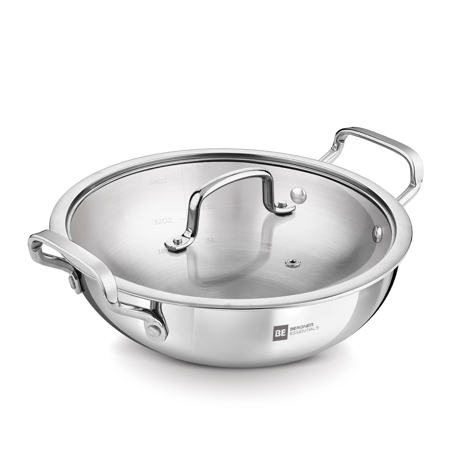 Bergner Be Essentials Triply Stainless Steel 20Cm / 1.9 L Kadai With Flat Glass Lid, Kadhai With Lid, Consumes Less Oil, Healthy