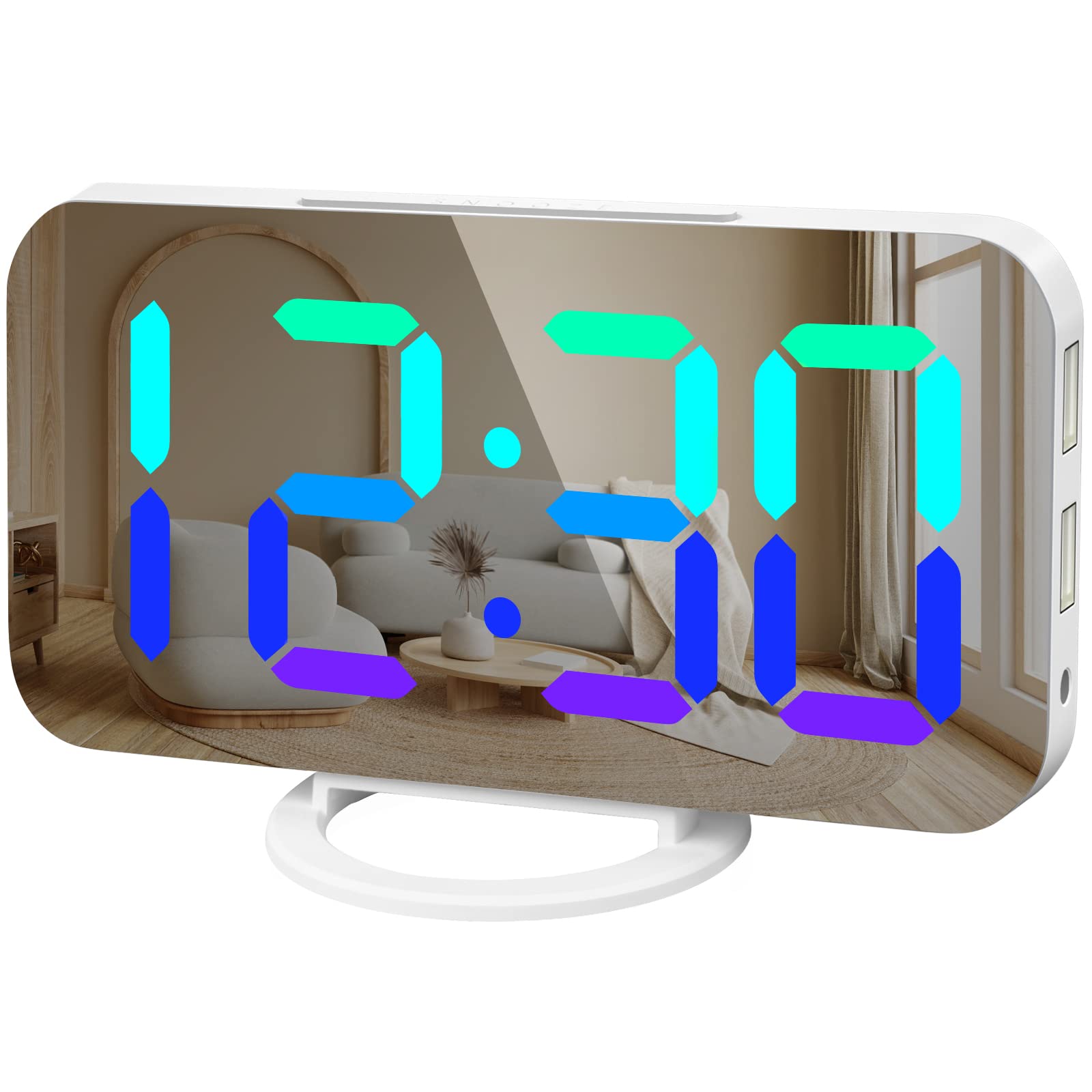 WulaWindy RGB Alarm Clock - Digital LED Clocks Mirror Surface with Dual USB Ports for Makeup Best Modern Decorations Aesthetic H