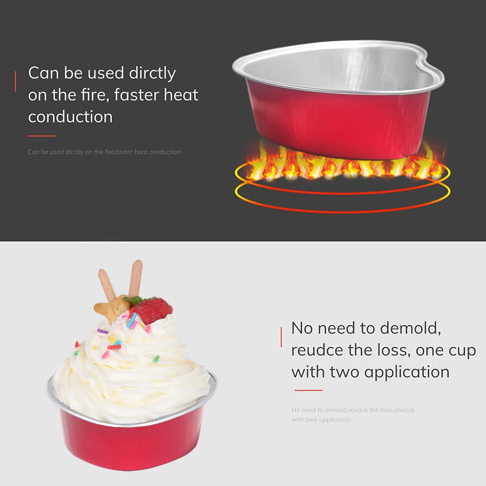 BLVRYVIO Heart Shaped Cake Pans for Baking with Red Petals  50 Sets Aluminum Cupcake Cups with Lids  100 ml/ 3.5 Ounces Red Disposable Mini Foil Pans for Valentine's Day Wedding Parties