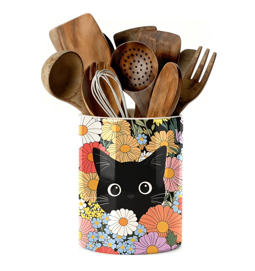 ARTDMT Cat Kitchen Utensil Holder,Black Cat with Colorful Floral Ceramic Utensil Holder,Cooking Utensil Crocks for Kitchen Count