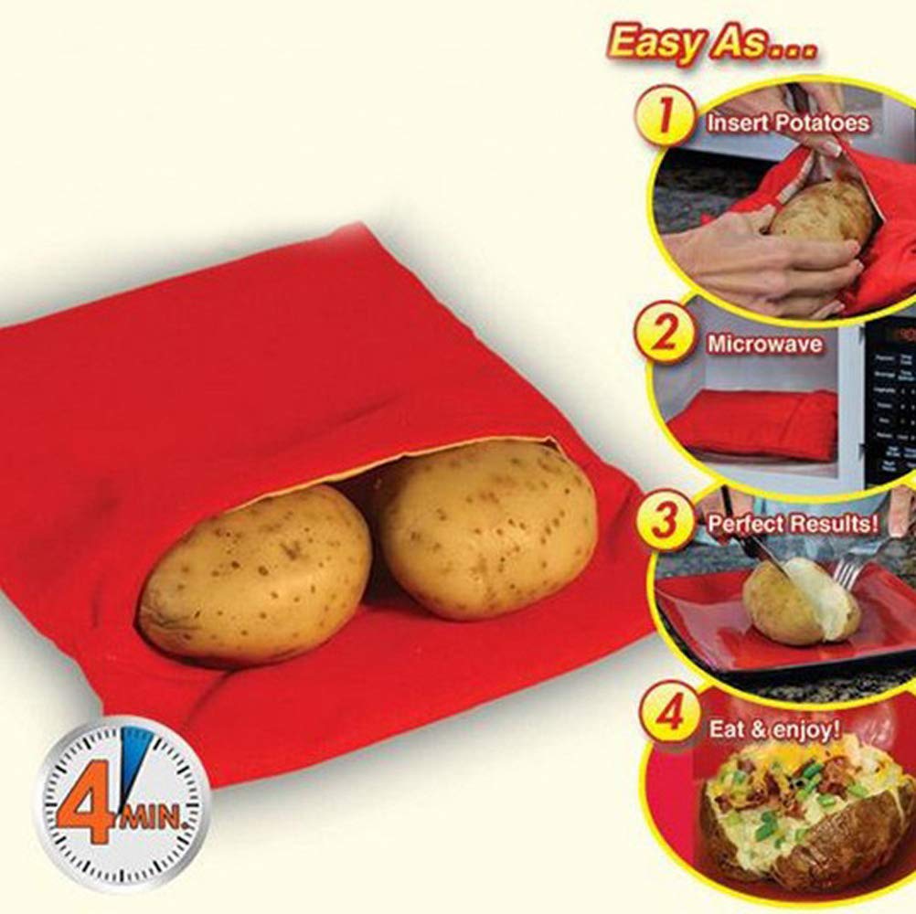 Kiseer 3 Pack Reusable Microwave Potato Bag Baked Potato Cooker Pouch, Red