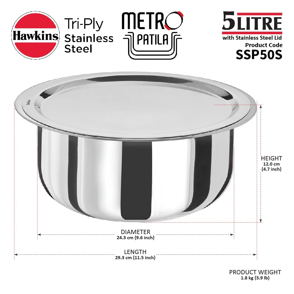 Hawkins Triply Stainless Steel 3 pc Tope Set with Capacity of 3 litres, 4 litres & 5 litres with Stainless Steel Lids (Gas Stove