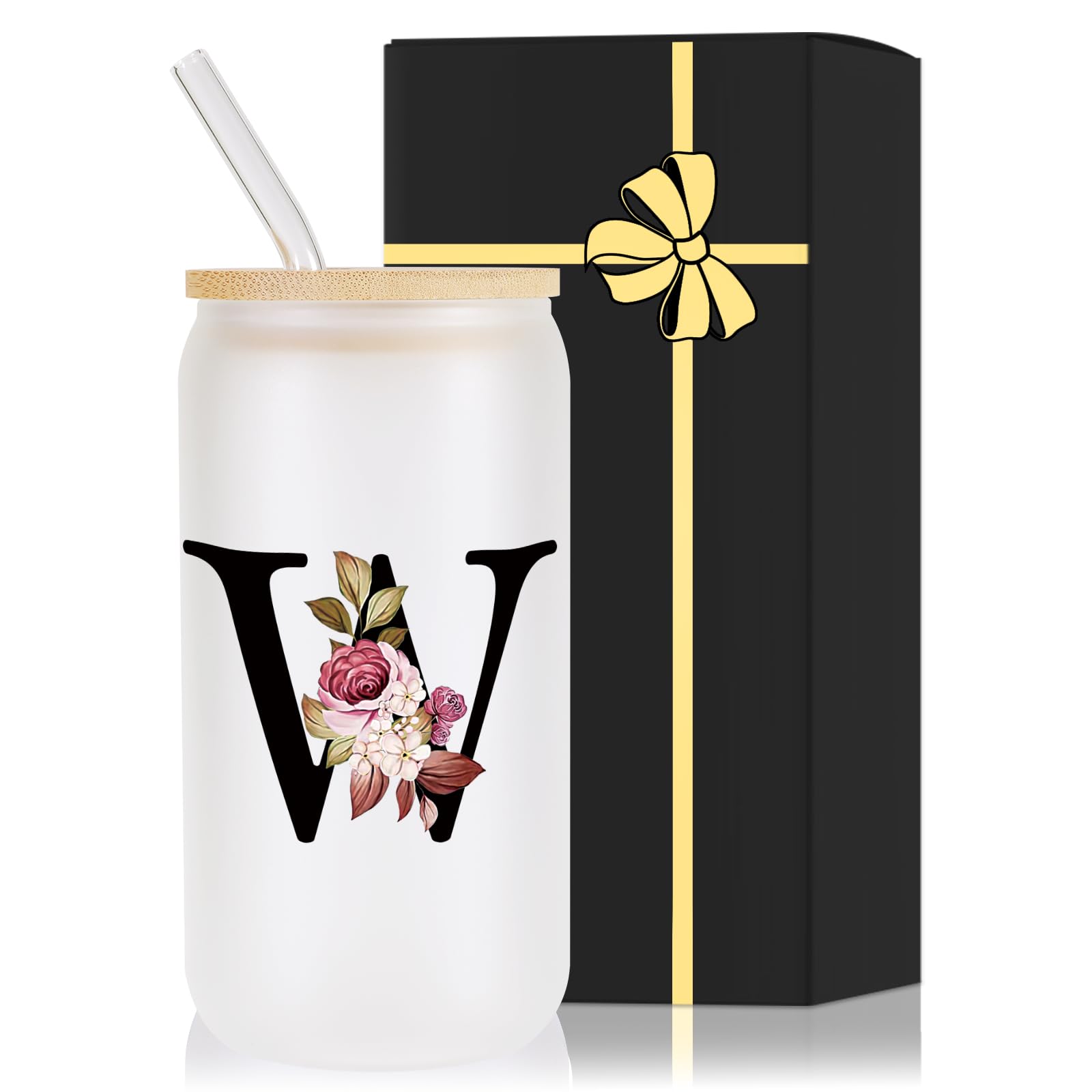 Wulcea Monogrammed Glass Drinking Cup With Lid Straw Women Men Teacher Christmas Music Dance Science Daycare Special Education N