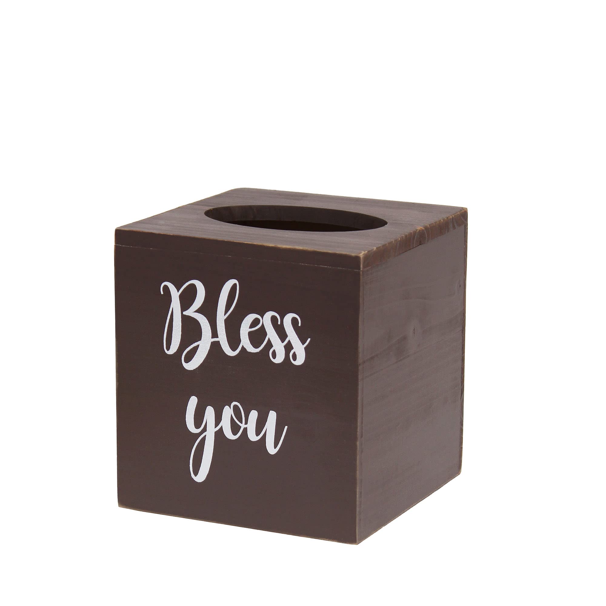Elegant Designs HG2024-BRW Decorix Farmhouse Square Wood Decorative Tissue Box Cover w Bless You White Script & Sliding Base for