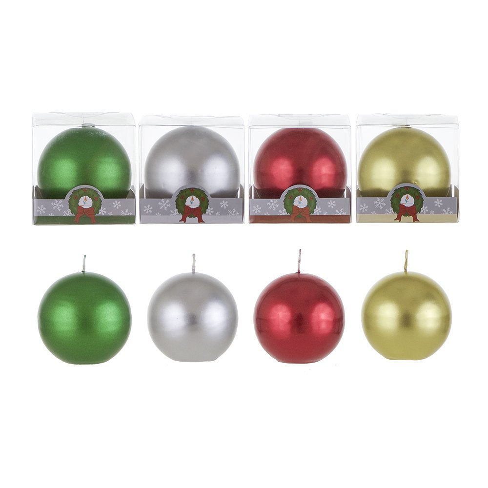 Mega Candles Set of 4 Unscented 3 Inch x 3 Inch Metallic Round Ball Candles, Holidays, Seasonal, Celebrations, Devotional, Churc